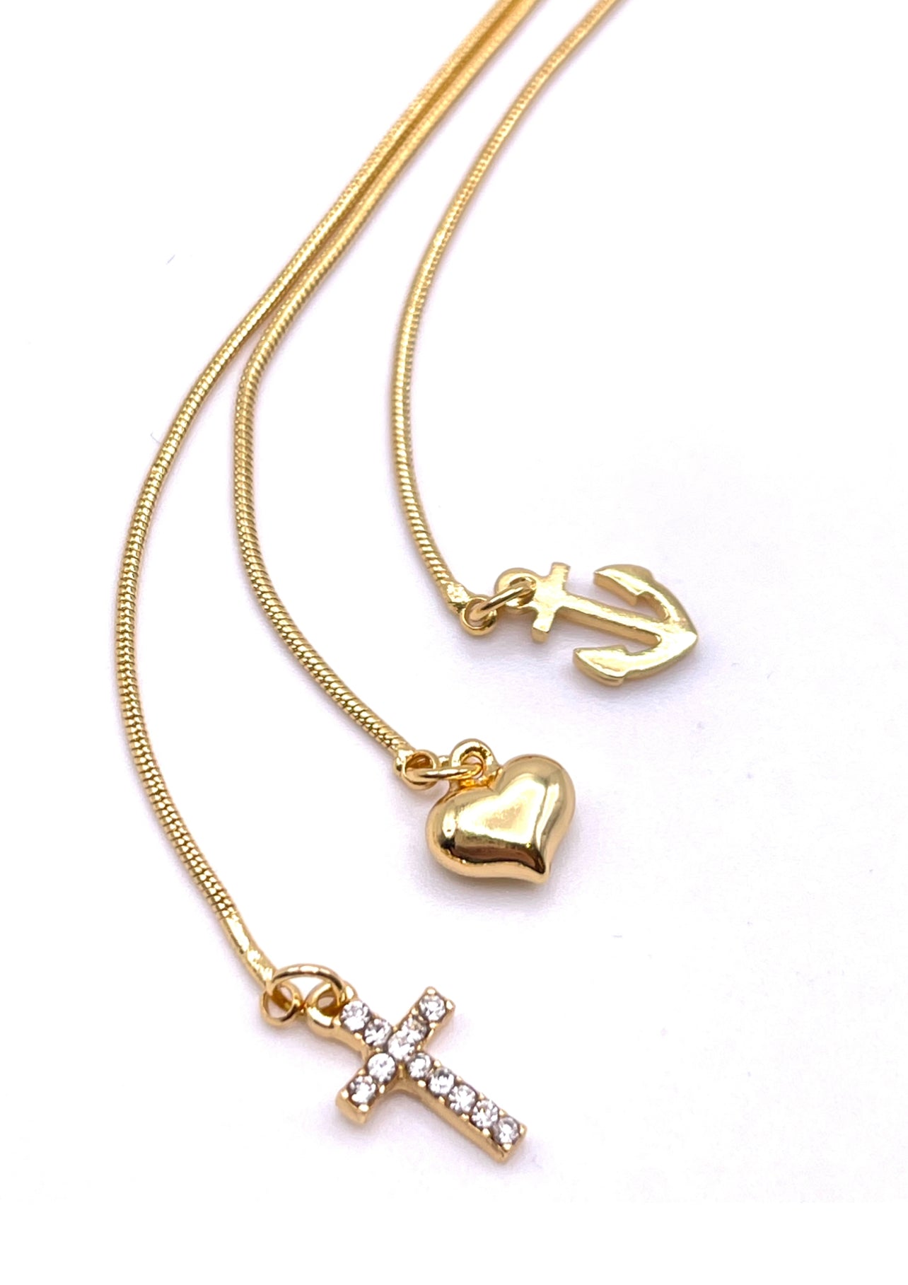 Trinity Necklace -Three Chains with Cross, Heart, and Anchor Charms
