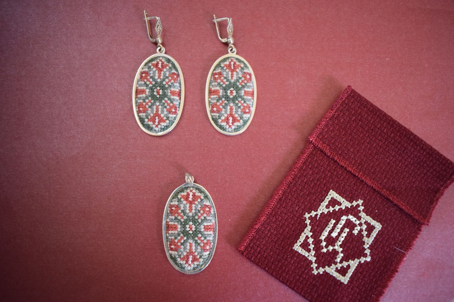 Embroidered Silver Pendant and Earrings with Armenian Ornaments