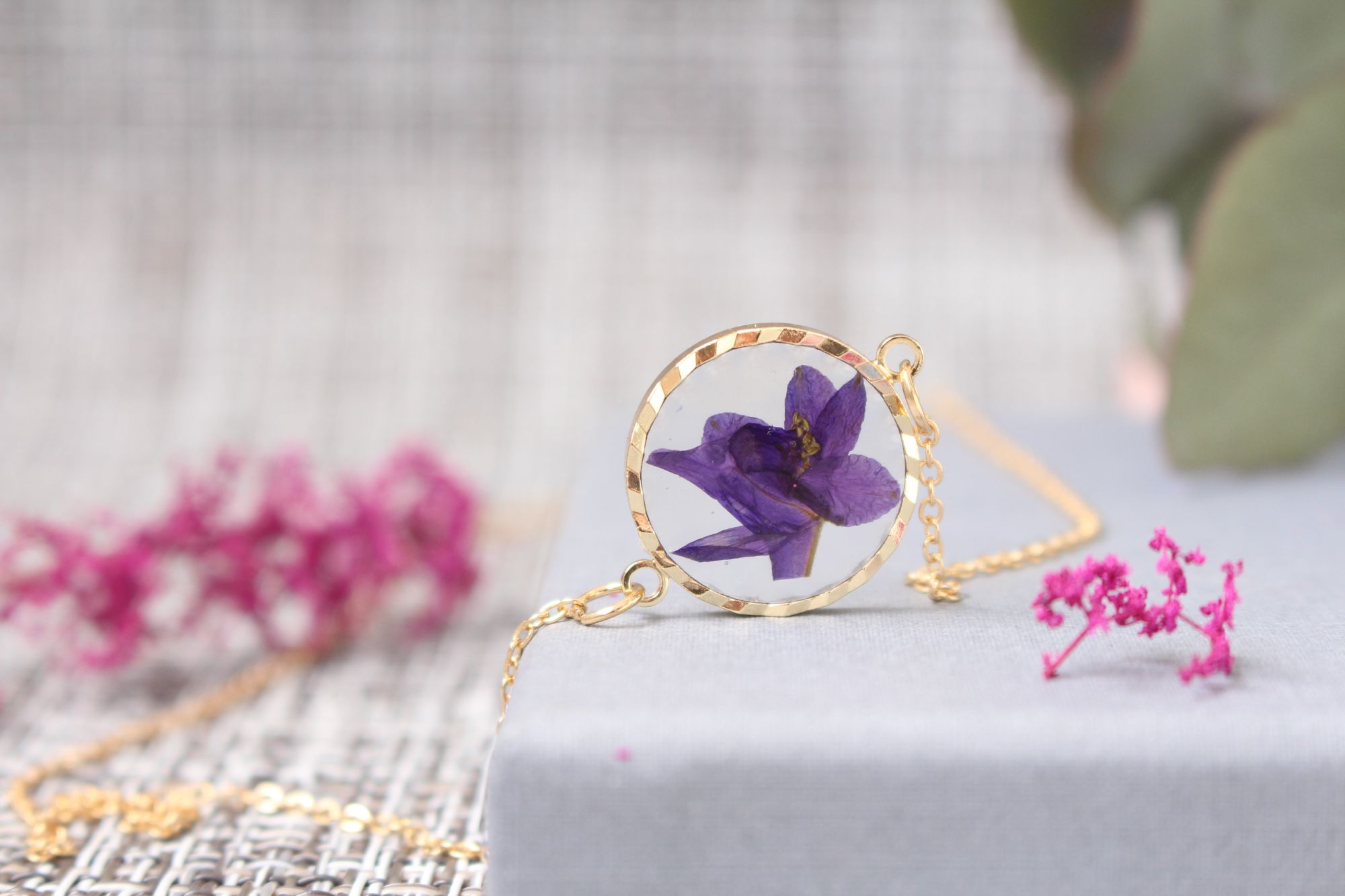 Fancy Violet Pressed Flower Gold Plated Necklace