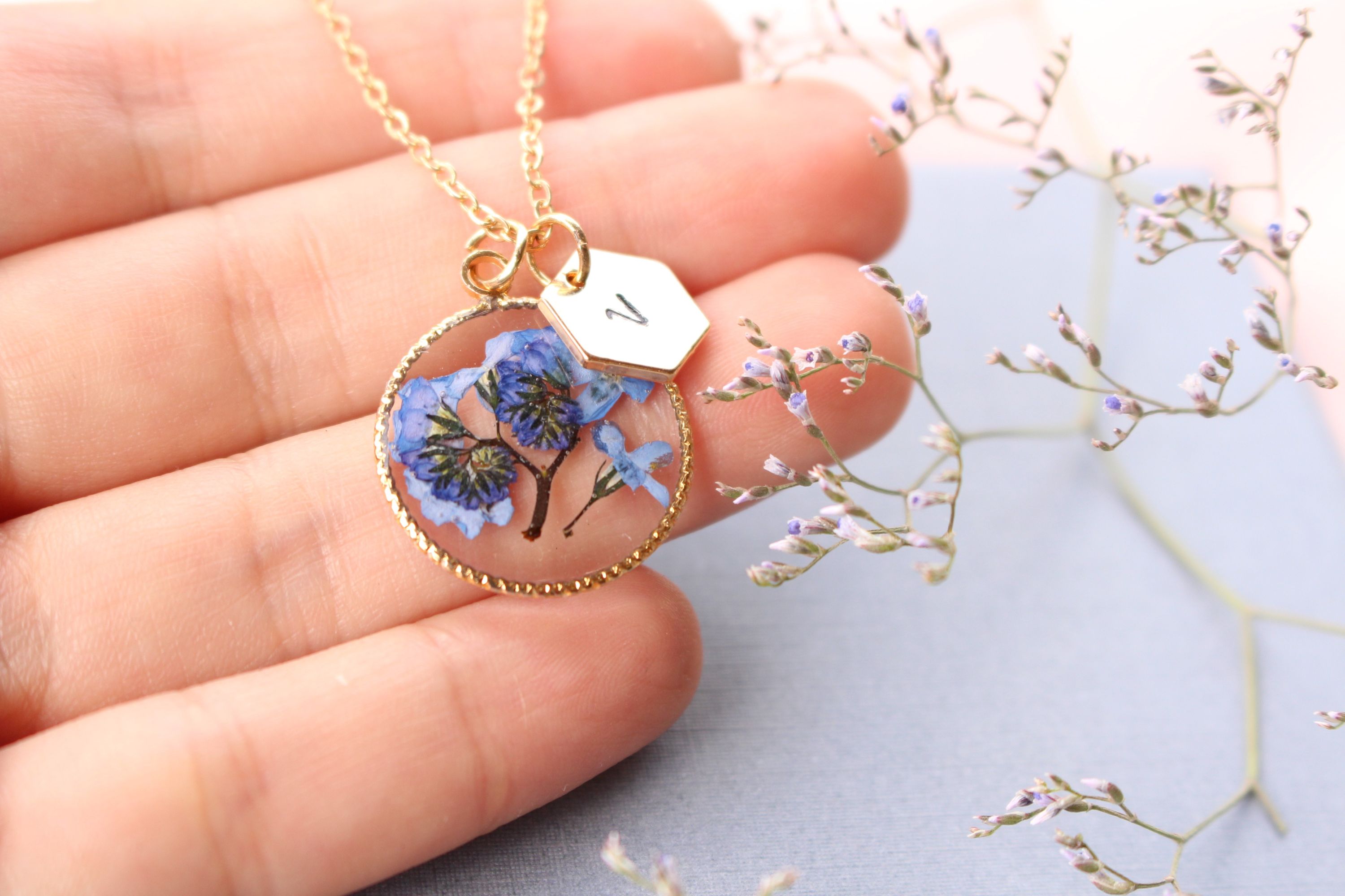 Fancy Forget-Me-Not Pressed Flower Gold Plated Necklace
