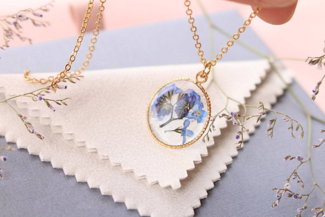 Fancy Forget-Me-Not Pressed Flower Gold Plated Necklace