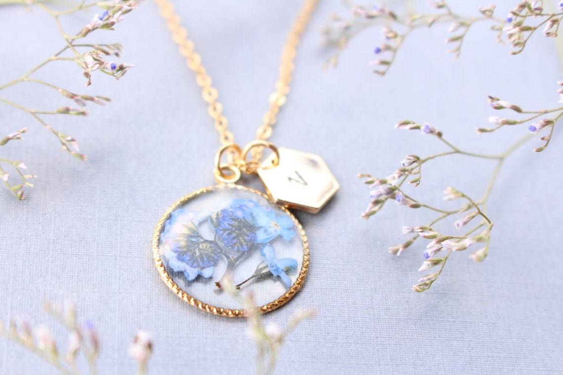 Fancy Forget-Me-Not Pressed Flower Gold Plated Necklace