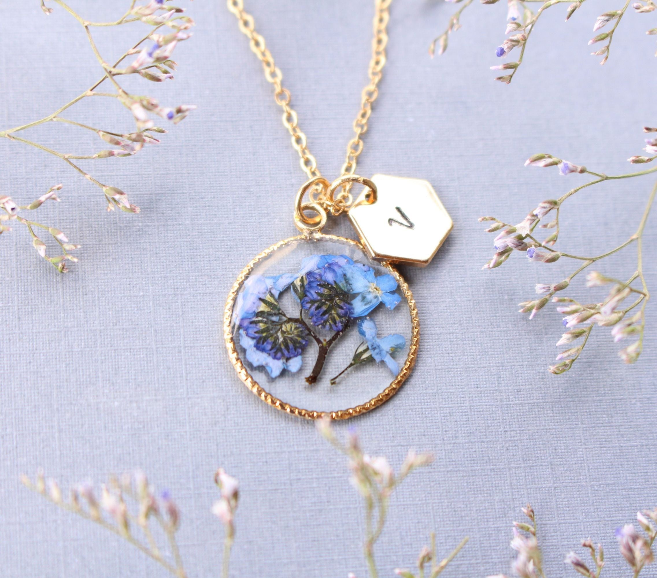Fancy Forget-Me-Not Pressed Flower Gold Plated Necklace