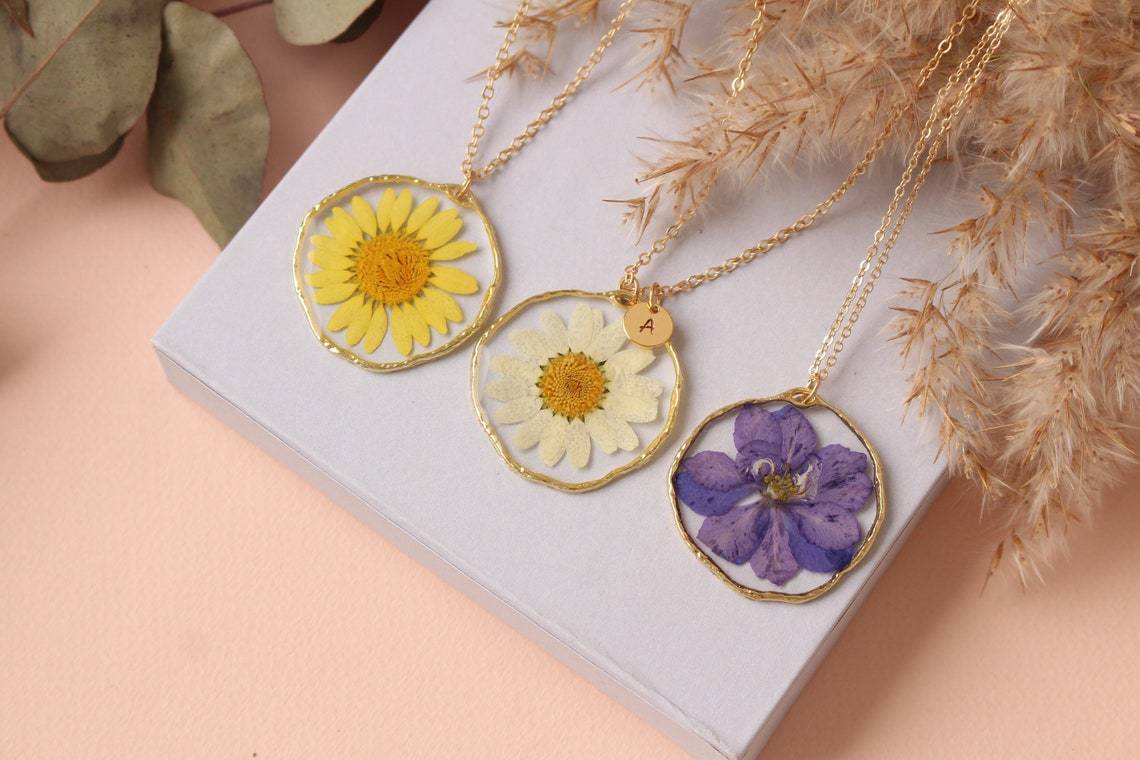 Fancy Pressed Flower Necklace with Personalized Charm