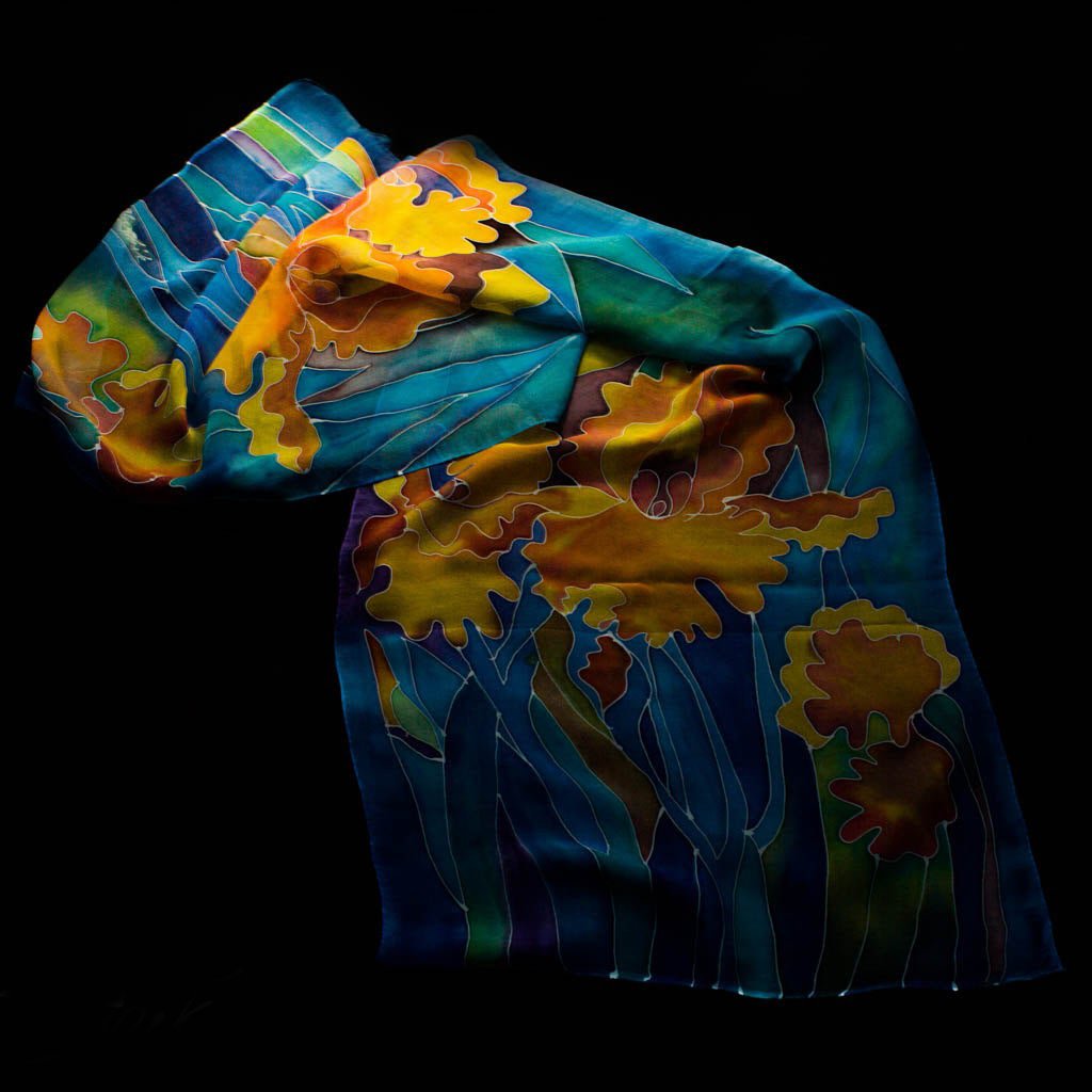 Shoghik Armenian Silk Scarf with Yellow Irises