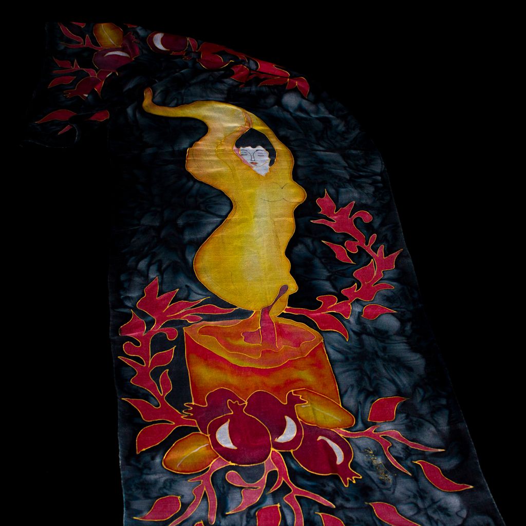 Shoghik Armenian Silk Scarf with Candle and Pomegranates