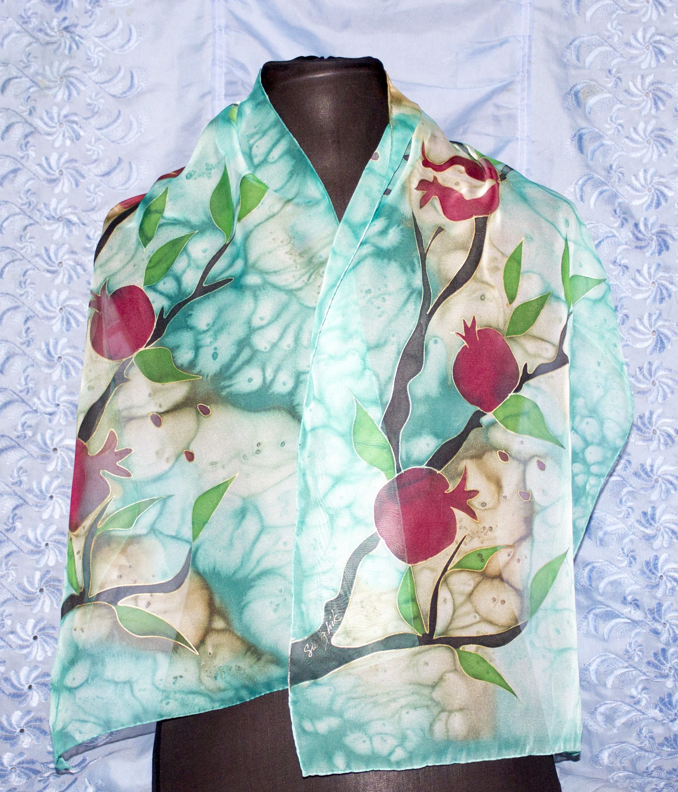 Shoghik Armenian Silk Scarf with Pomegranates