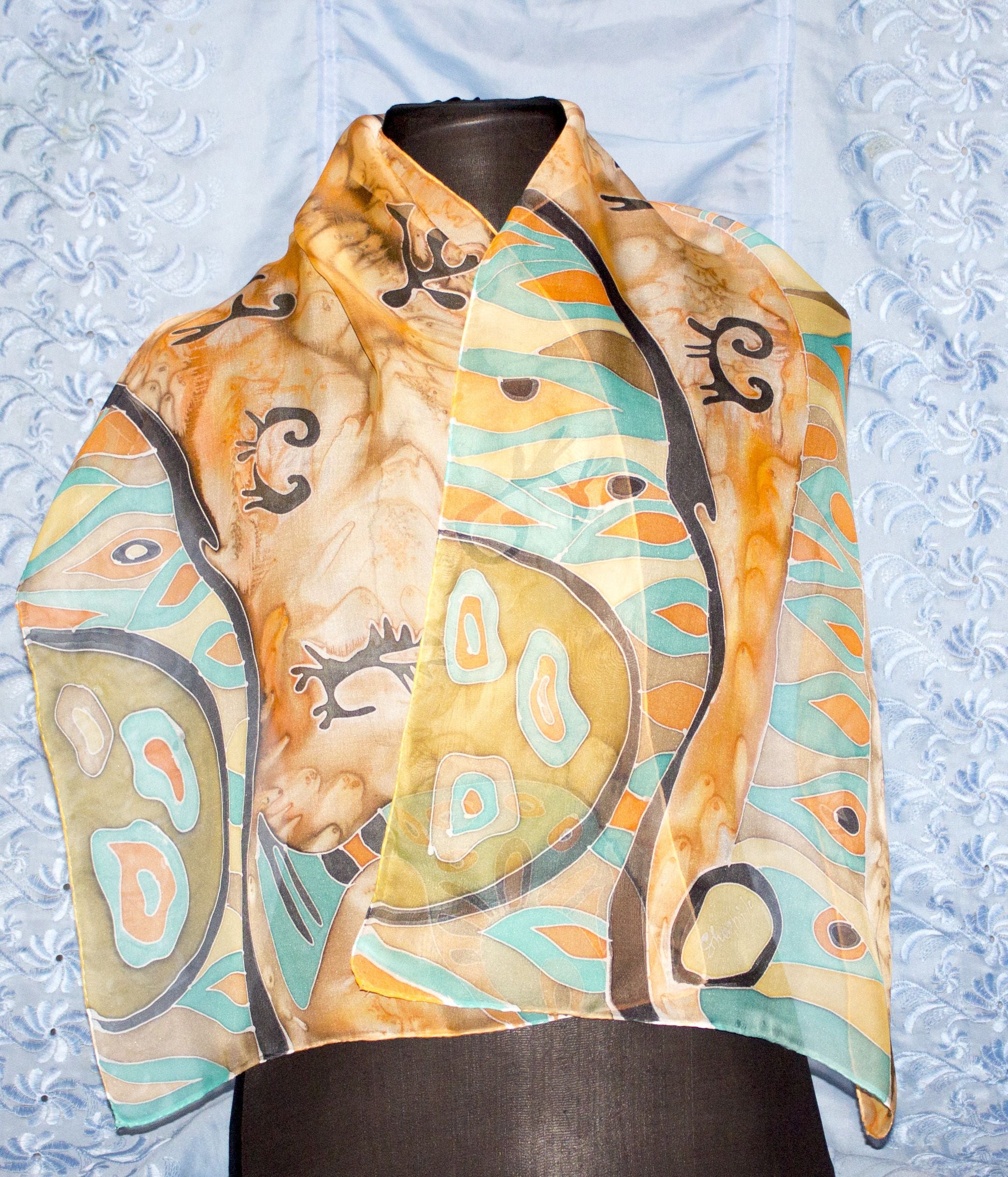 Shoghik Armenian Silk Scarf with Petroglyphs