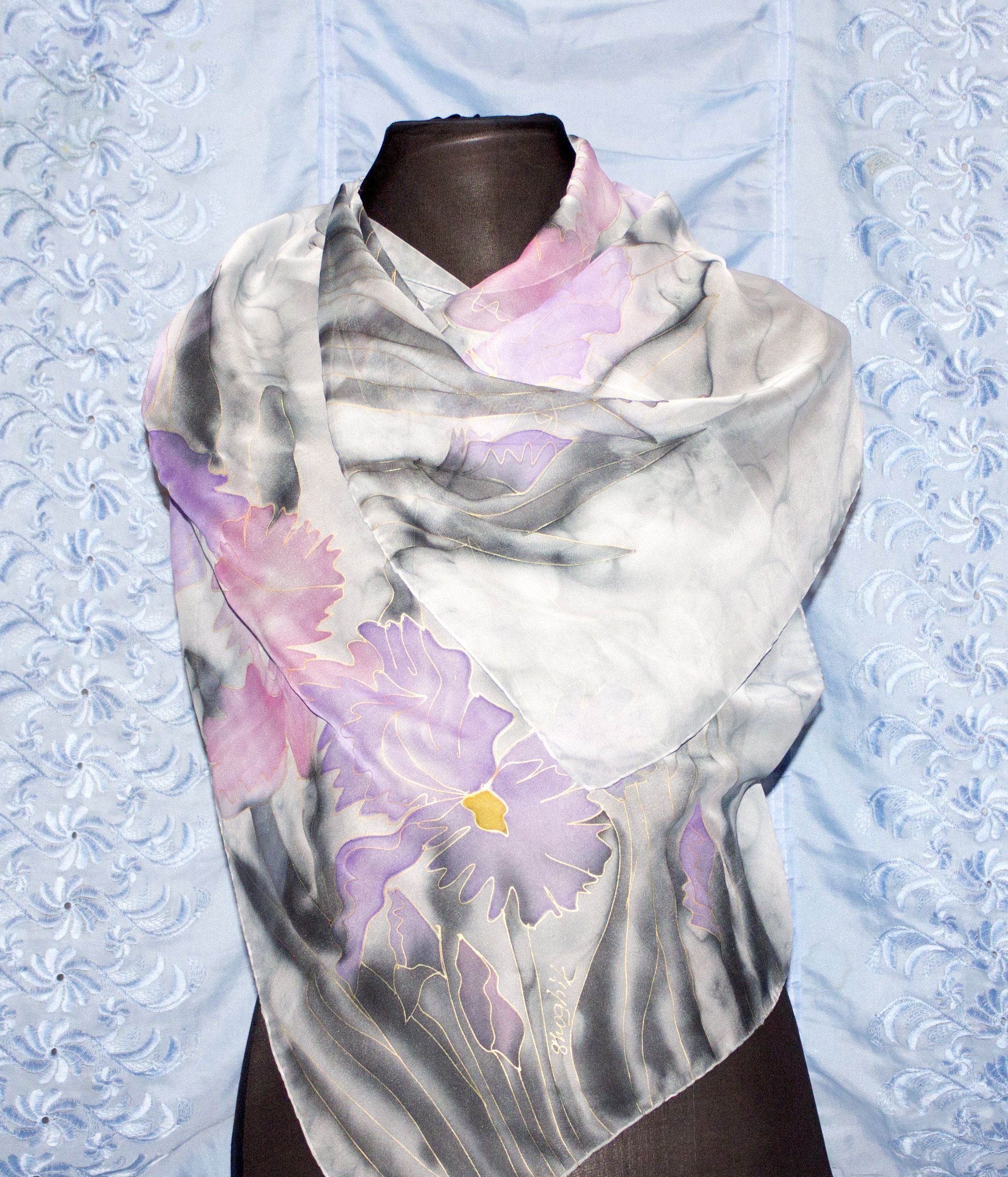 Shoghik Armenian Silk Scarf with Irises