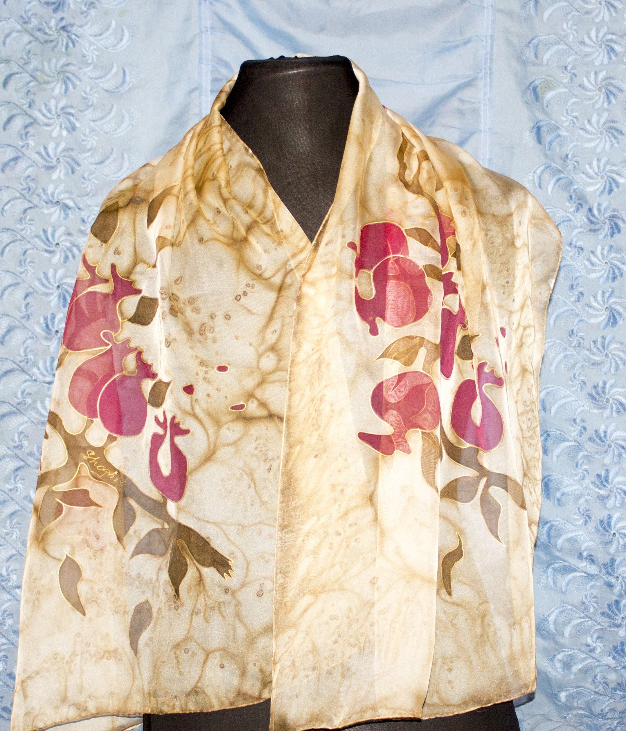 Shoghik Armenian Silk Scarf with Pomegranates