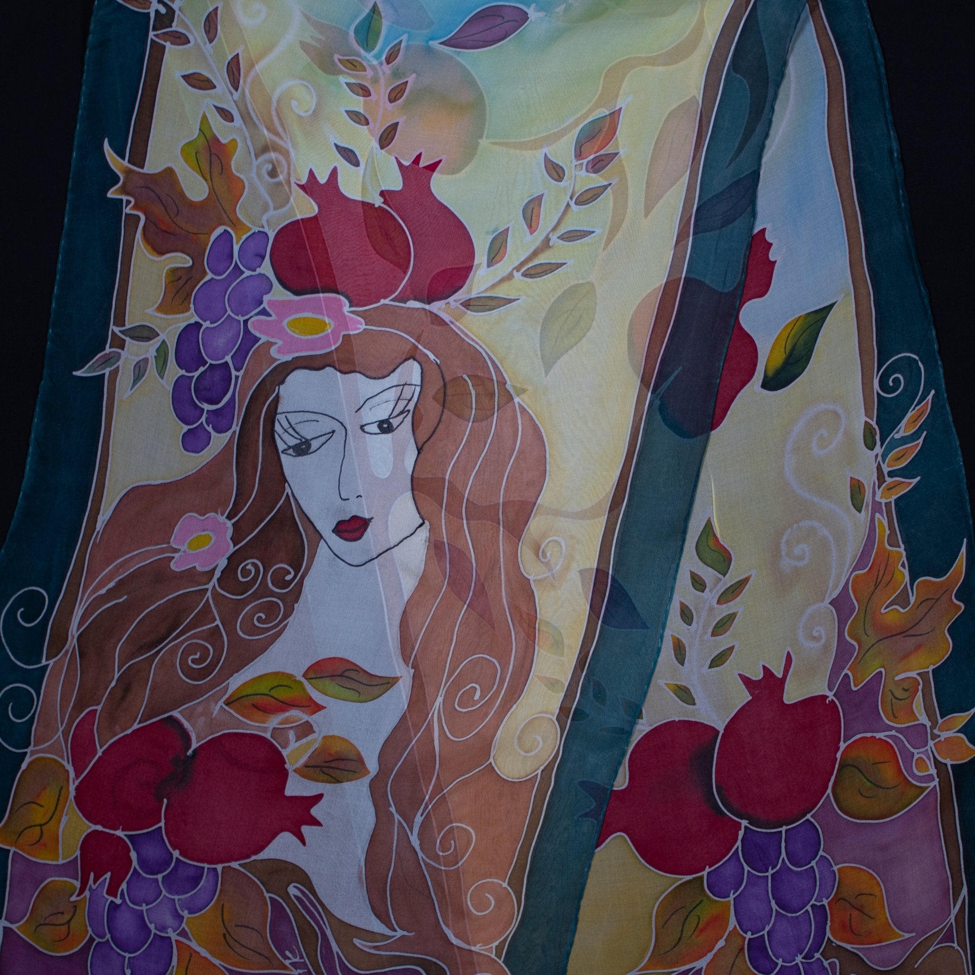Armenian Handmade Silk Scarf - Armenian Girl and Pomegranates