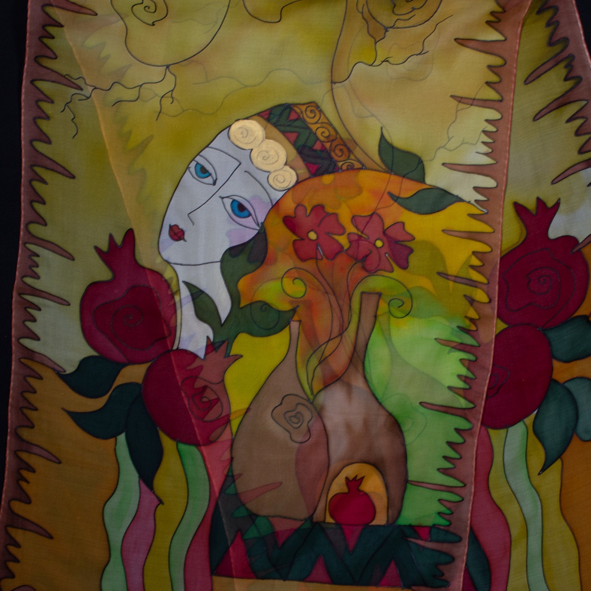 Armenian Handmade Silk Scarf - Armenian Girl and Pomegranates