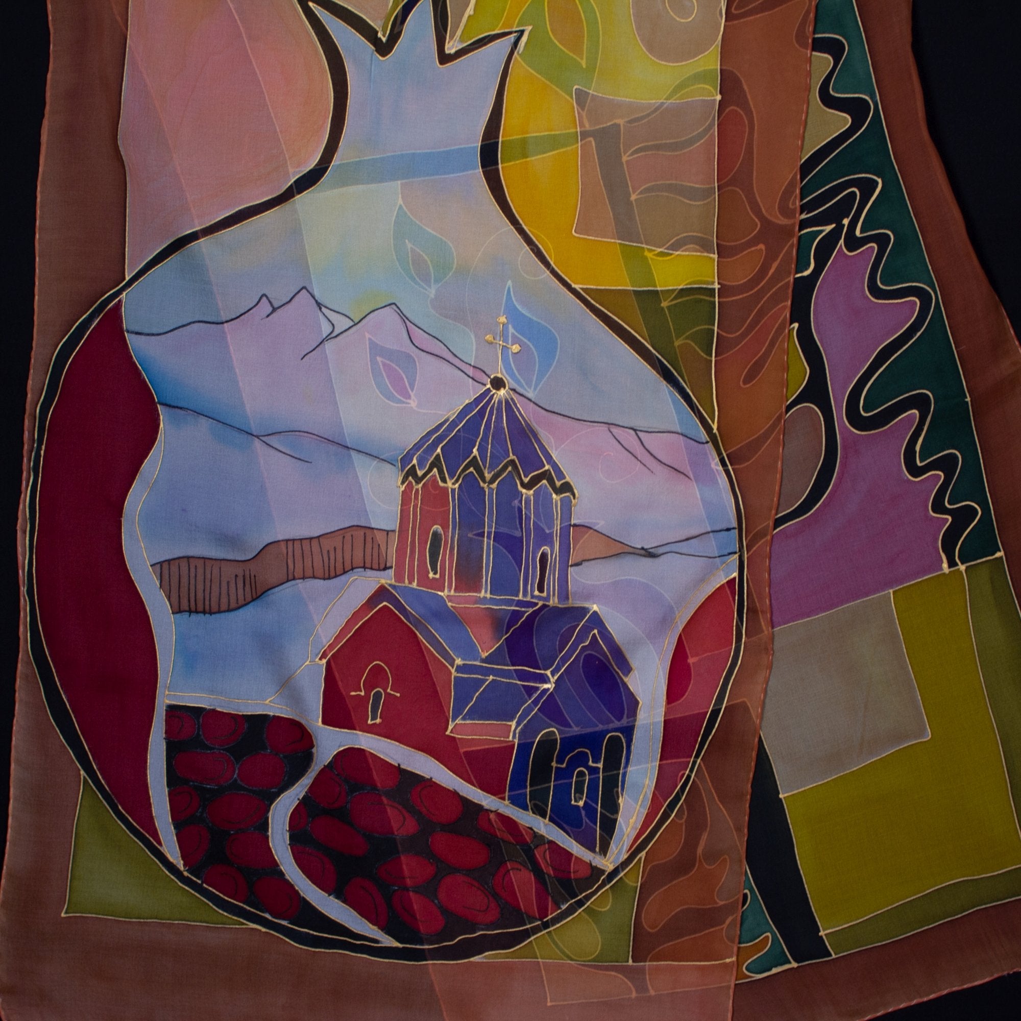 Armenian Handmade Silk Scarf - Pomegranates and Church