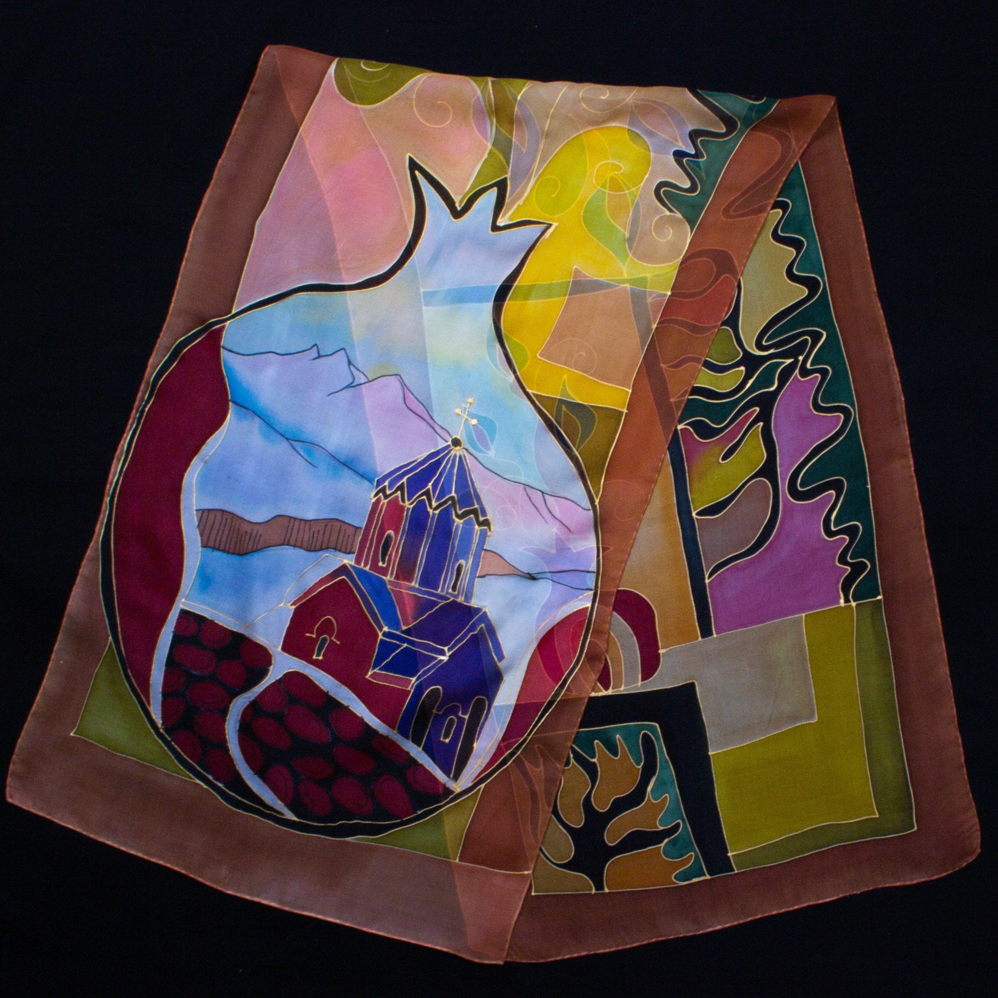 Armenian Handmade Silk Scarf - Pomegranates and Church