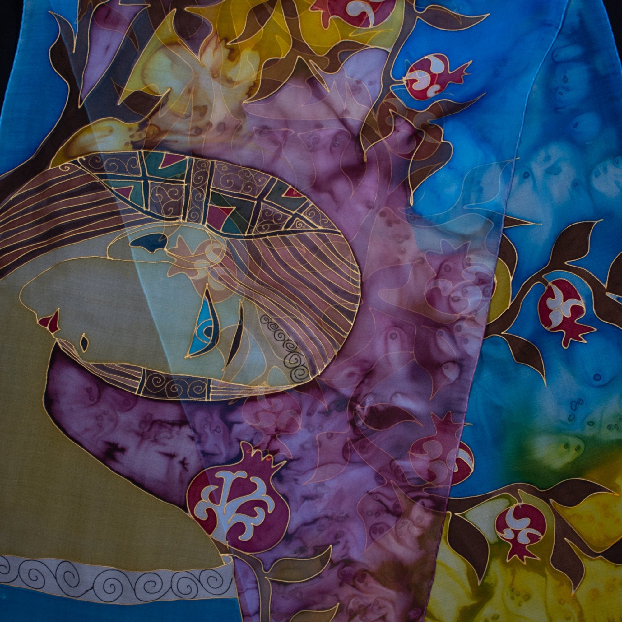 Armenian Handmade Silk Scarf - Armenian Girl and Pomegranates