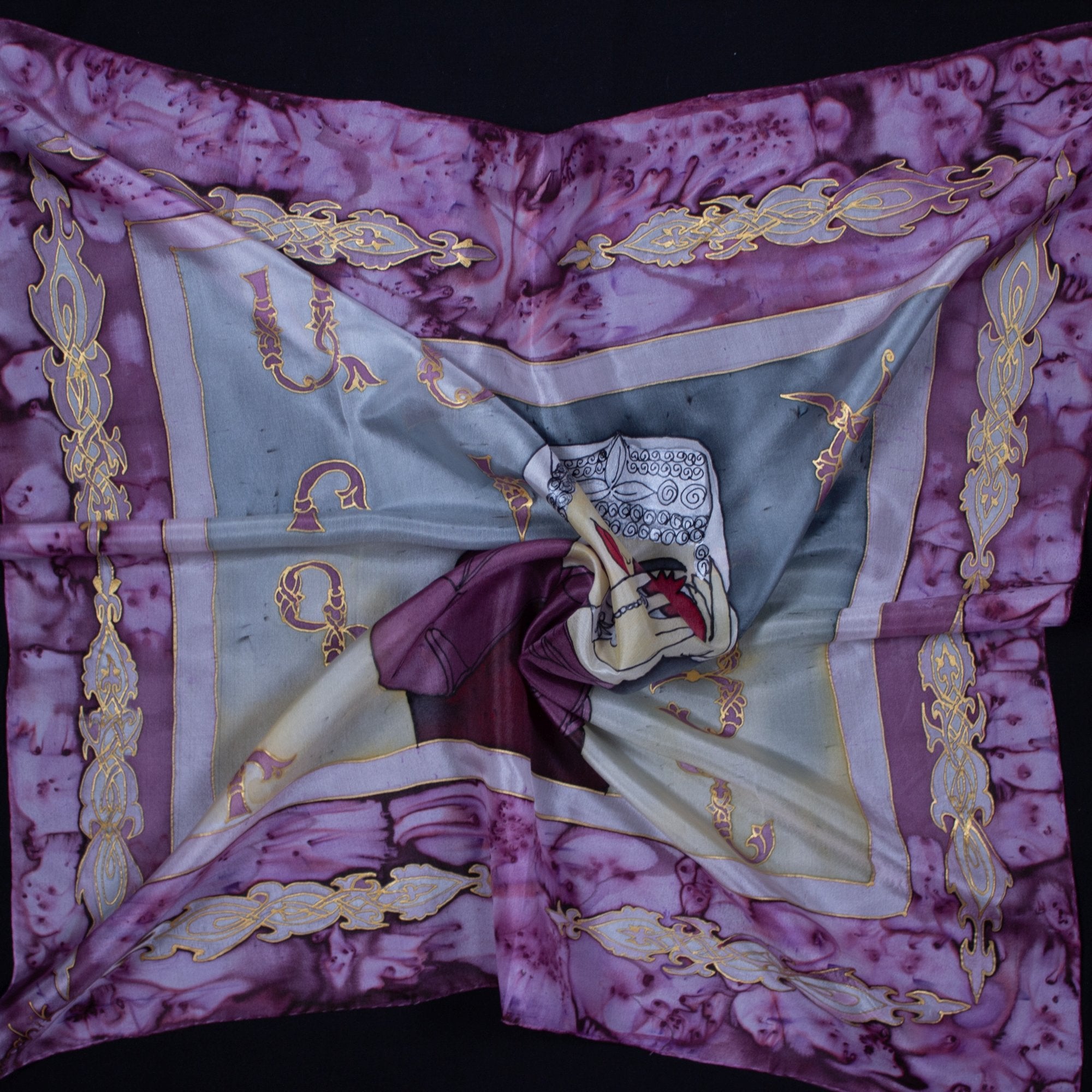 Armenian Handmade Silk Scarf - Letters and Pomegranates