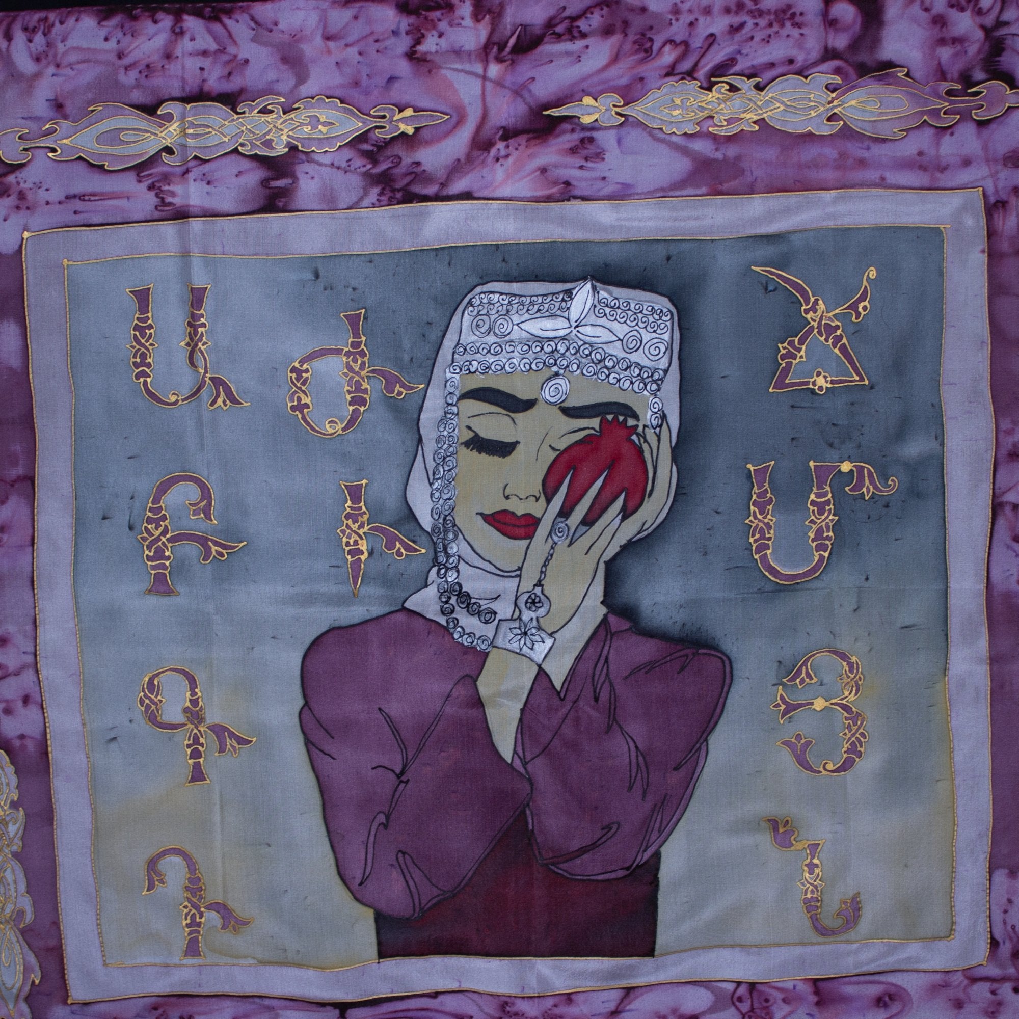 Armenian Handmade Silk Scarf - Letters and Pomegranates