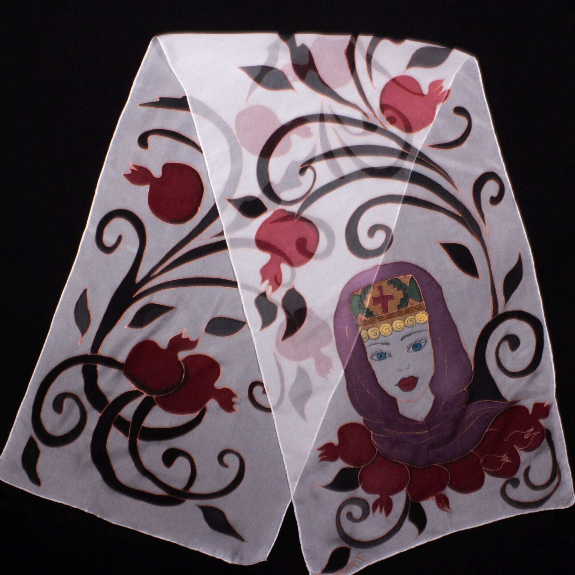 Armenian Handmade Silk Scarf - Armenian Girl and Pomegranates