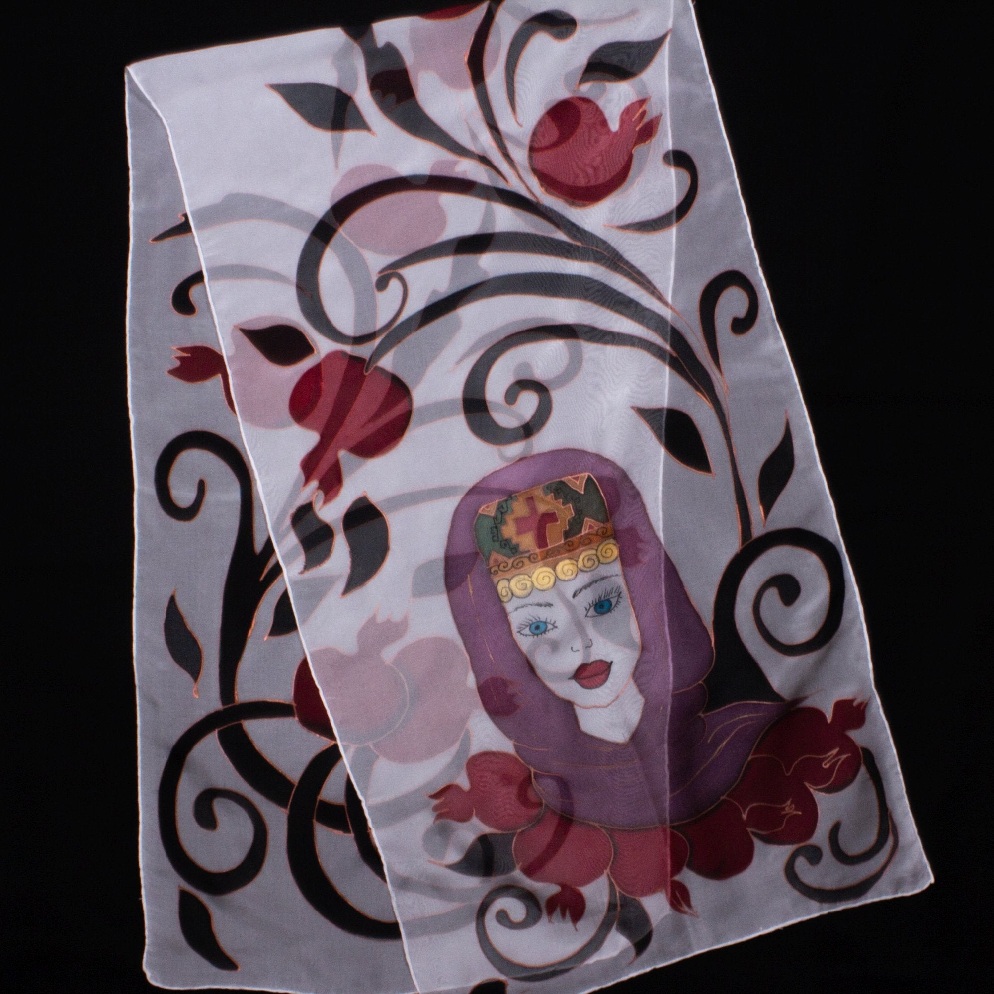 Armenian Handmade Silk Scarf - Armenian Girl and Pomegranates