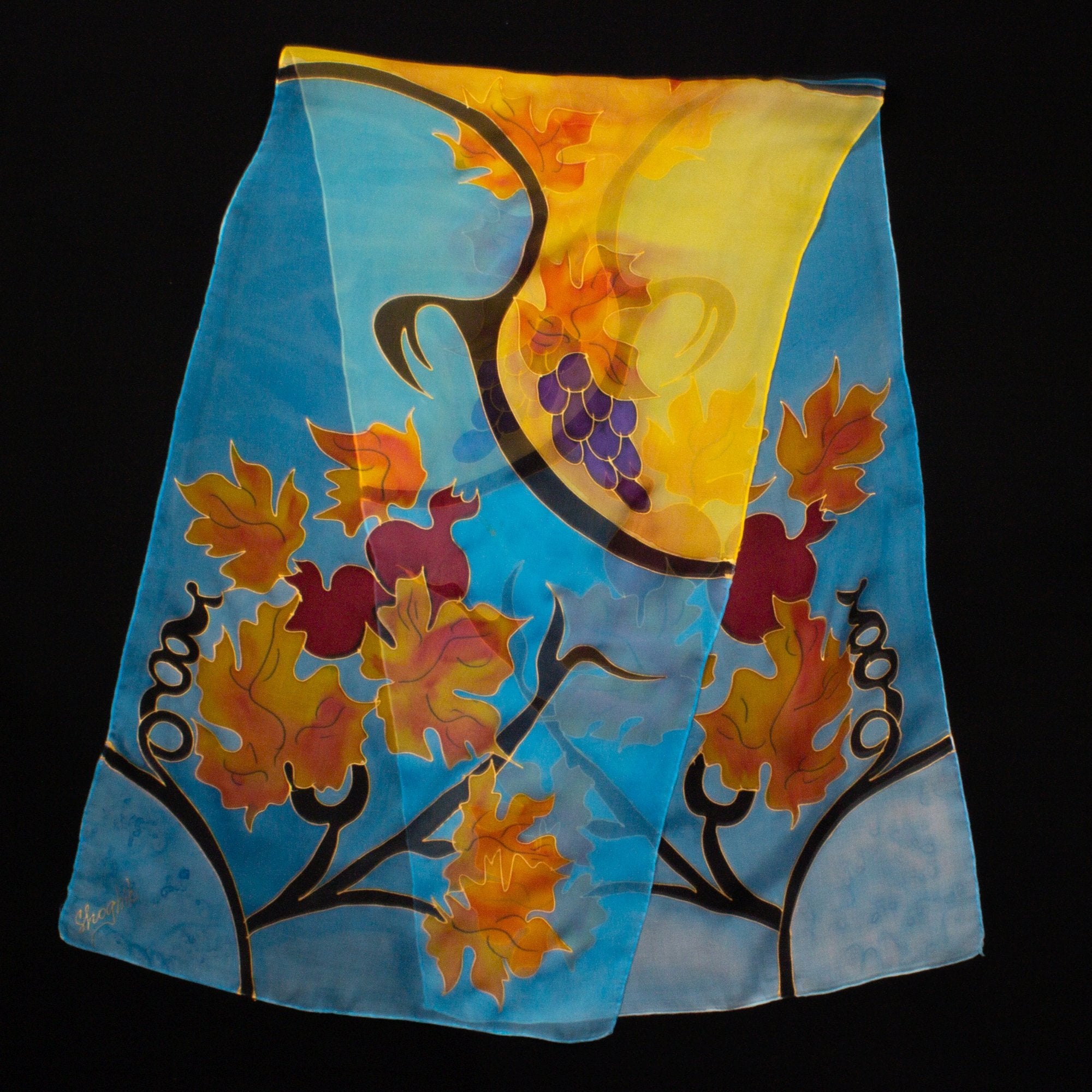 Armenian Handmade Silk Scarf - Pomegranates and Grapes