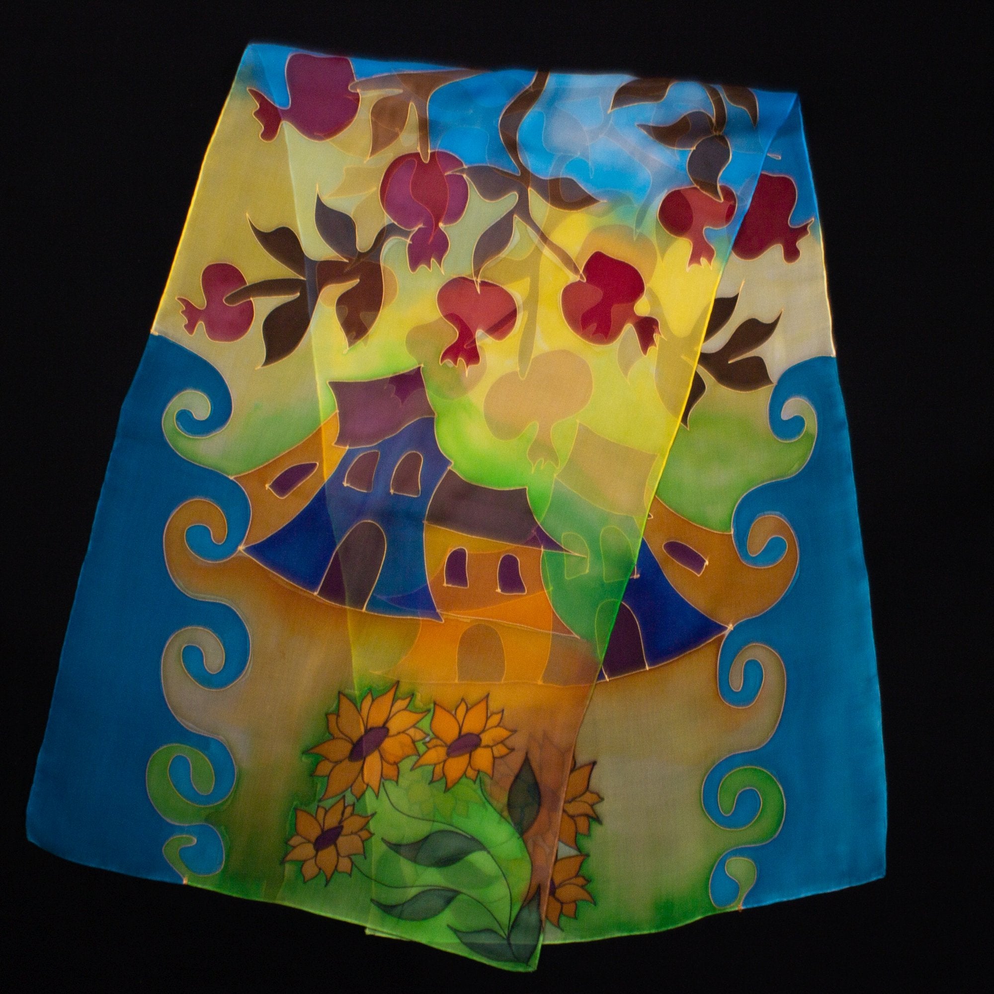 Armenian Handmade Silk Scarf - Pomegranates and Sunflowers