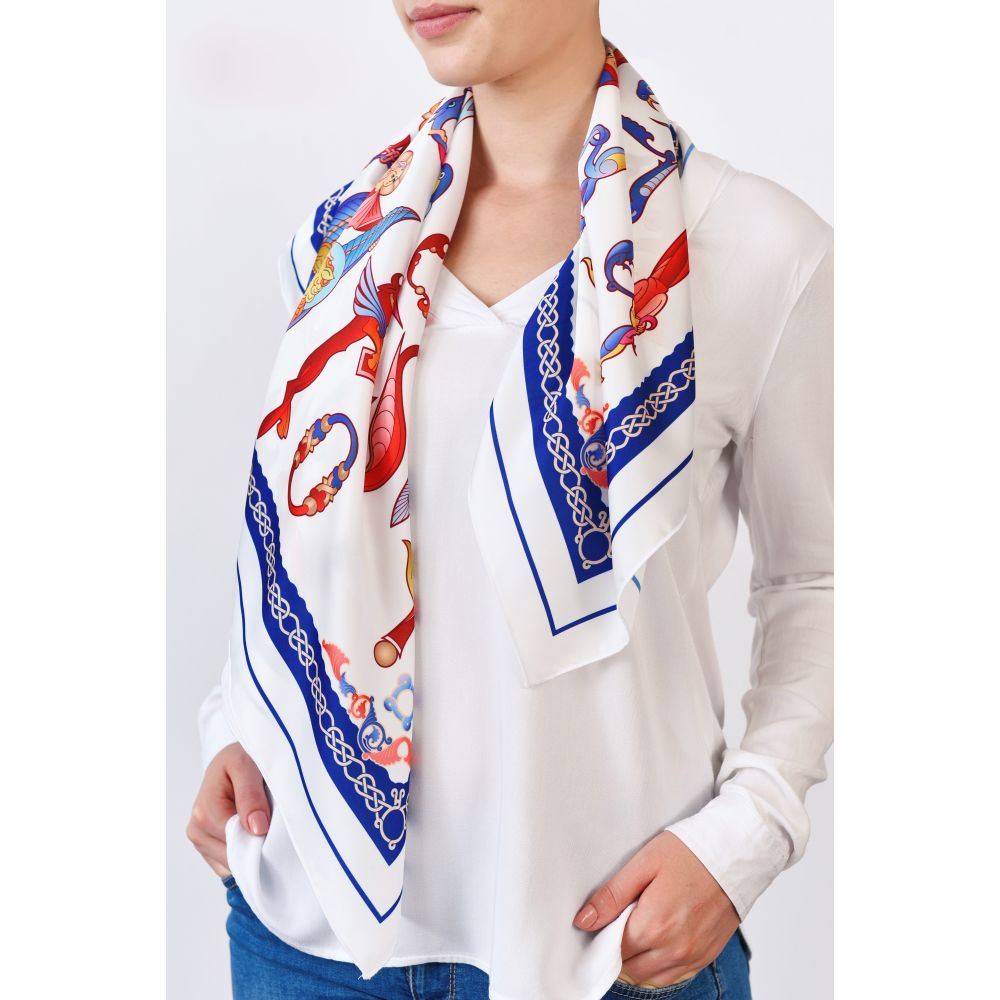 Moreni Scarf with Armenian Alphabet - AYB Collection (White/Navy)