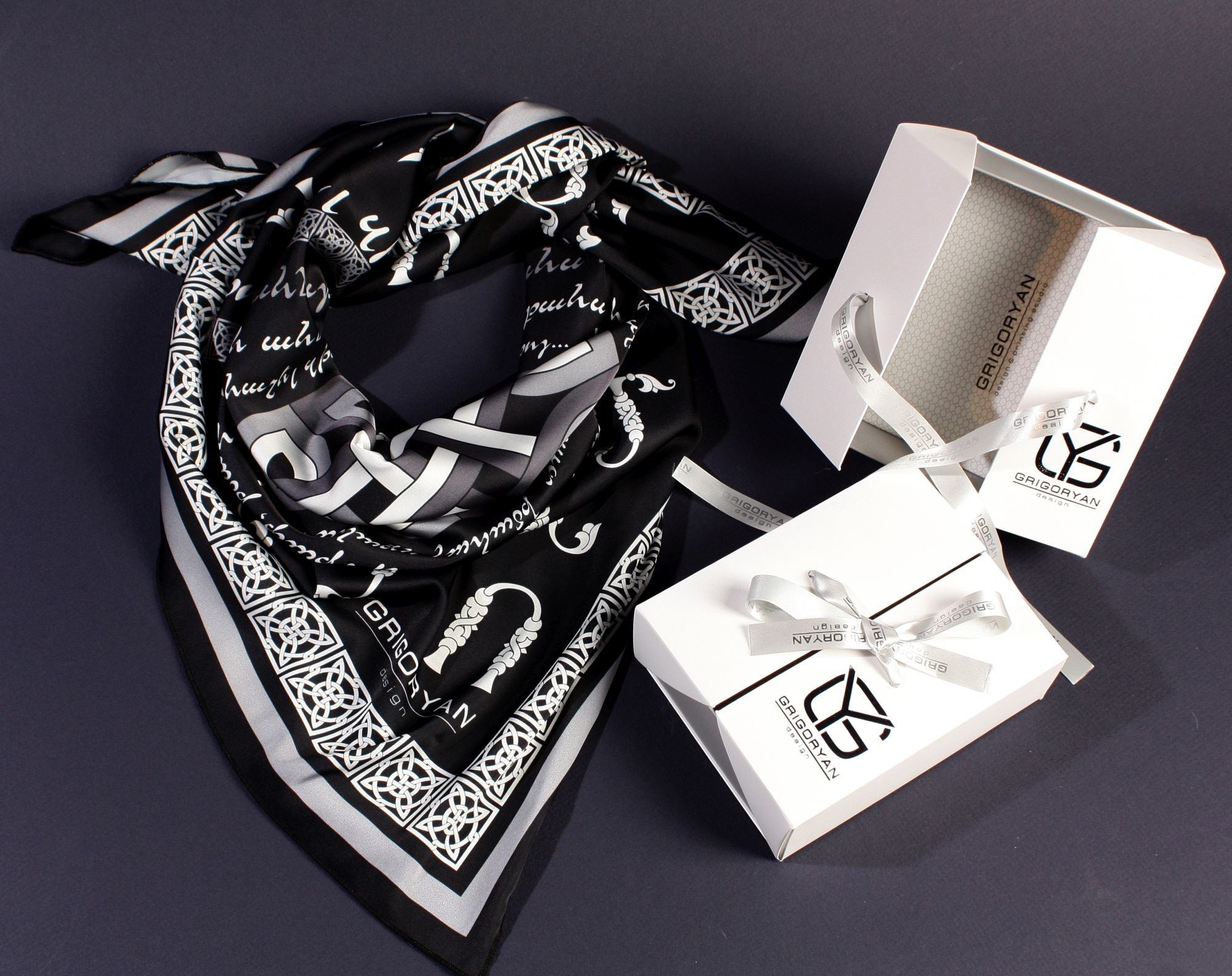 Armenian Alphabet Scarf by Grigoryan Scarves (black)