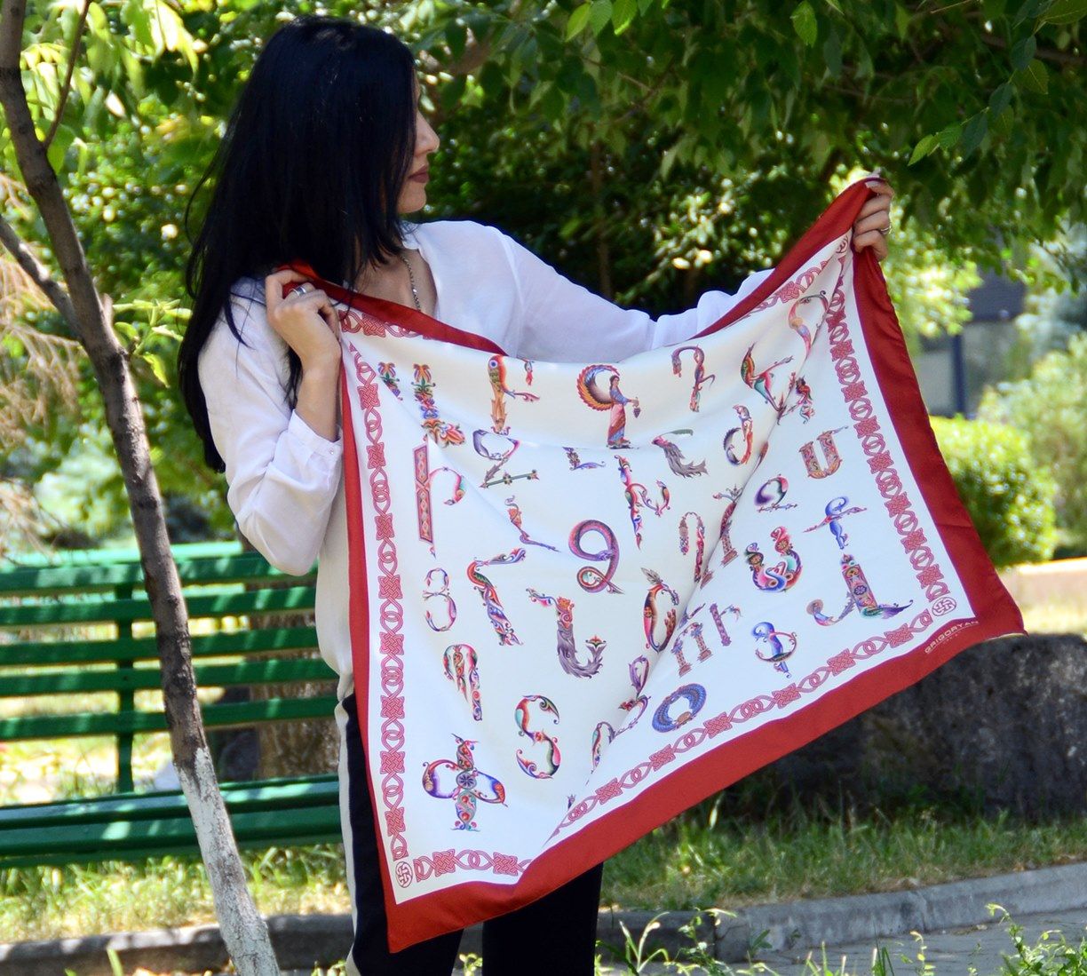 Armenian Alphabet Scarf by Grigoryan Scarves (red)