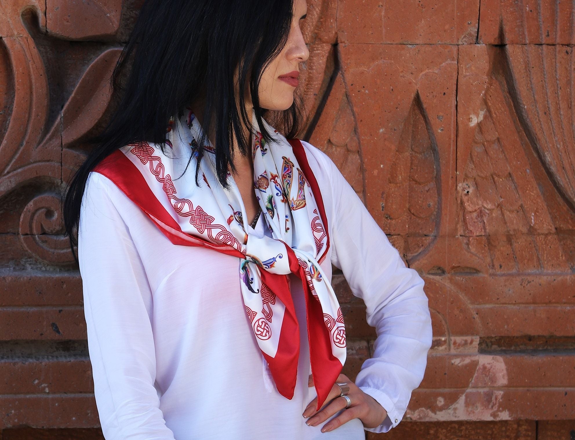 Armenian Alphabet Scarf by Grigoryan Scarves (red)