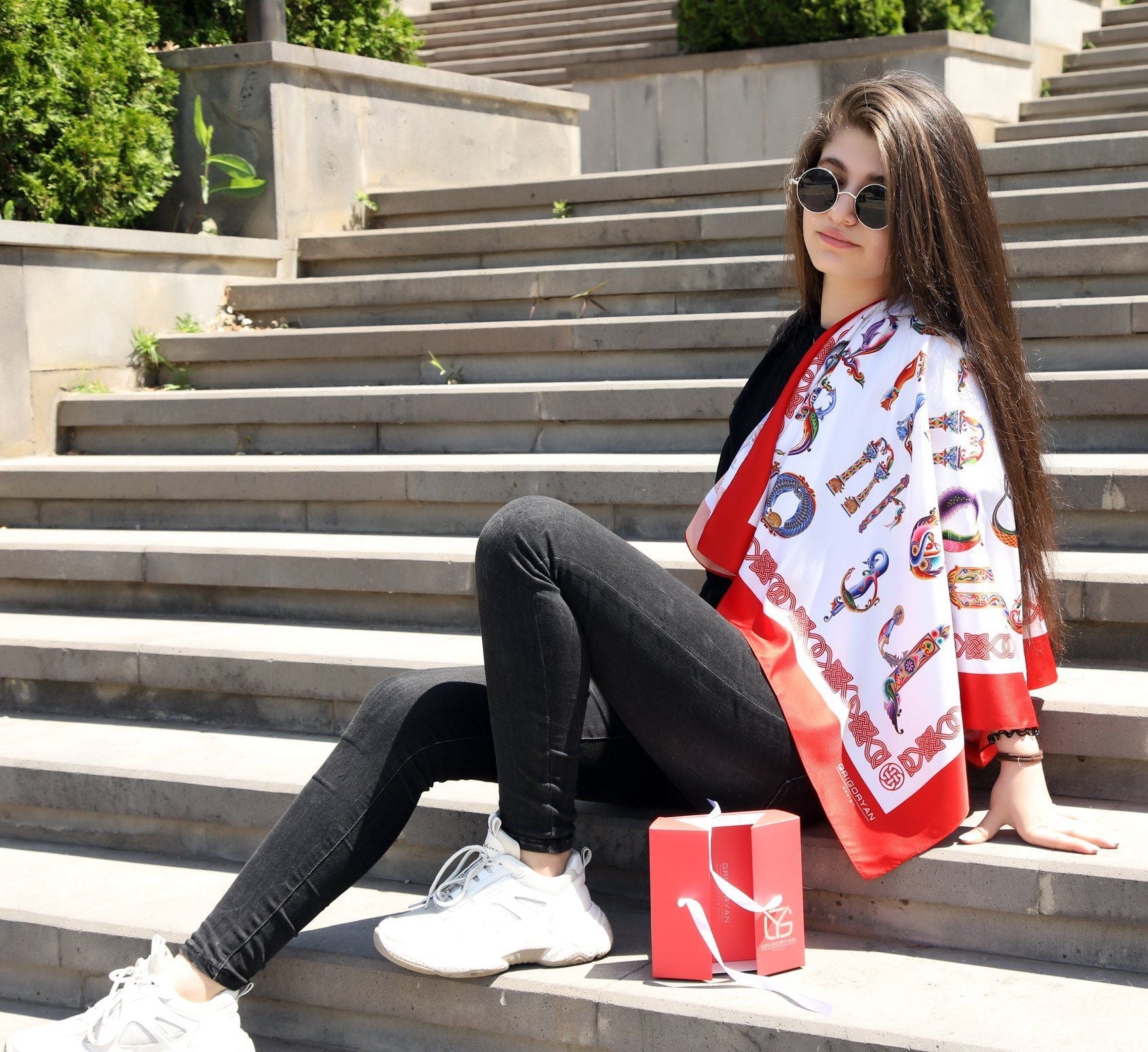 Armenian Alphabet Scarf by Grigoryan Scarves (red)