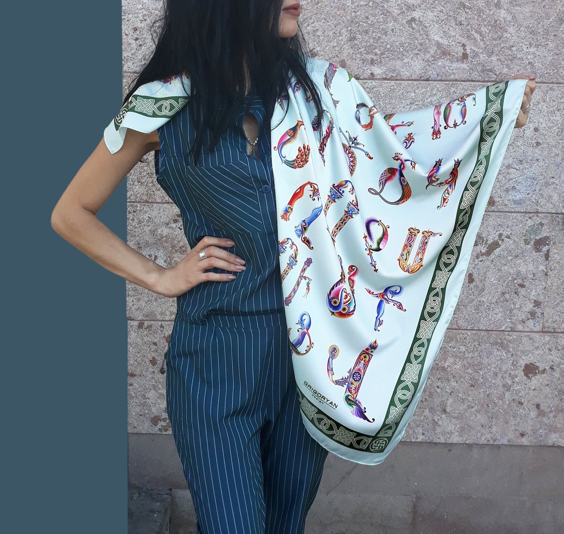 Armenian Alphabet Scarf by Grigoryan Scarves (green)