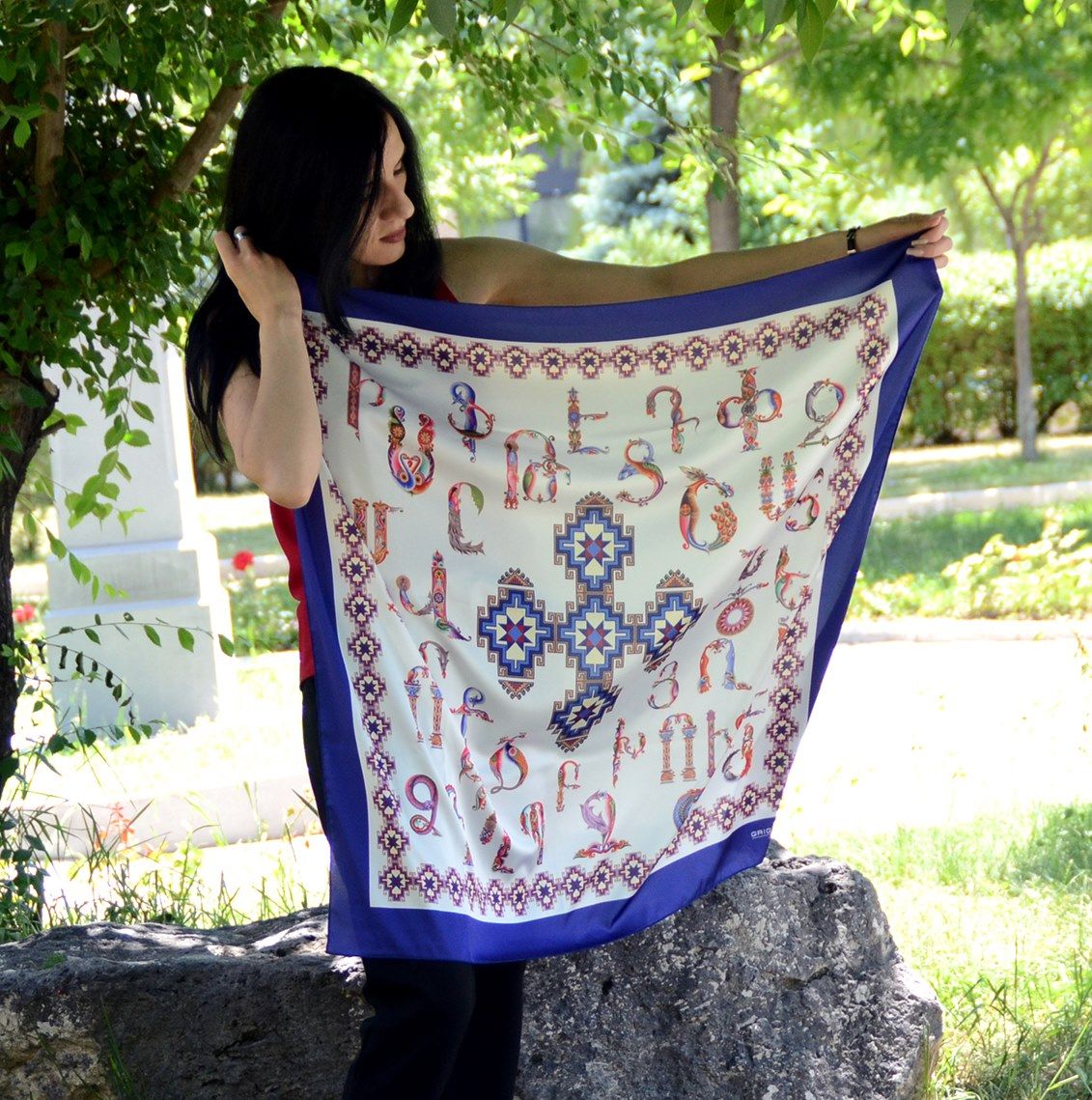 Armenian Alphabet Scarf by Grigoryan Scarves (blue)