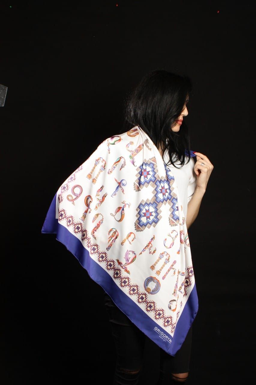 Armenian Alphabet Scarf by Grigoryan Scarves (blue)