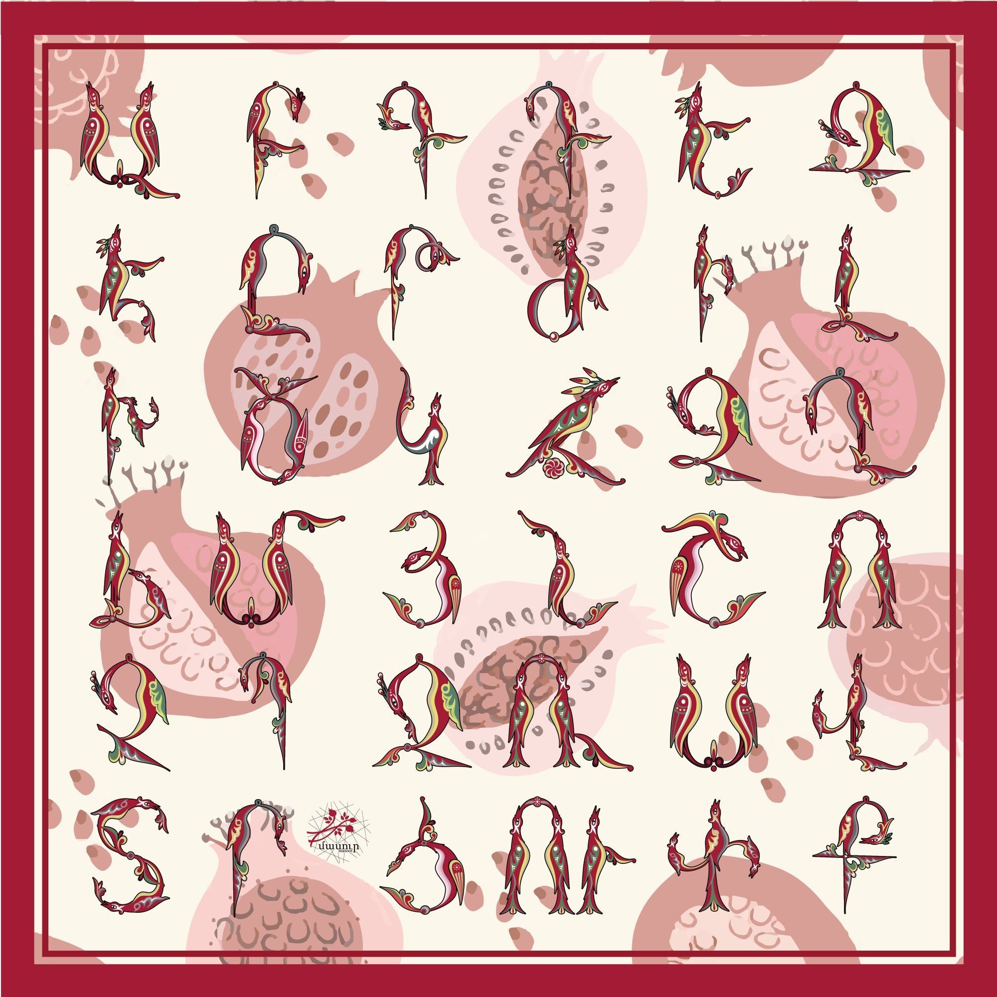 Masoor Armenian Letters and Pomegranates Scarf - White/Red