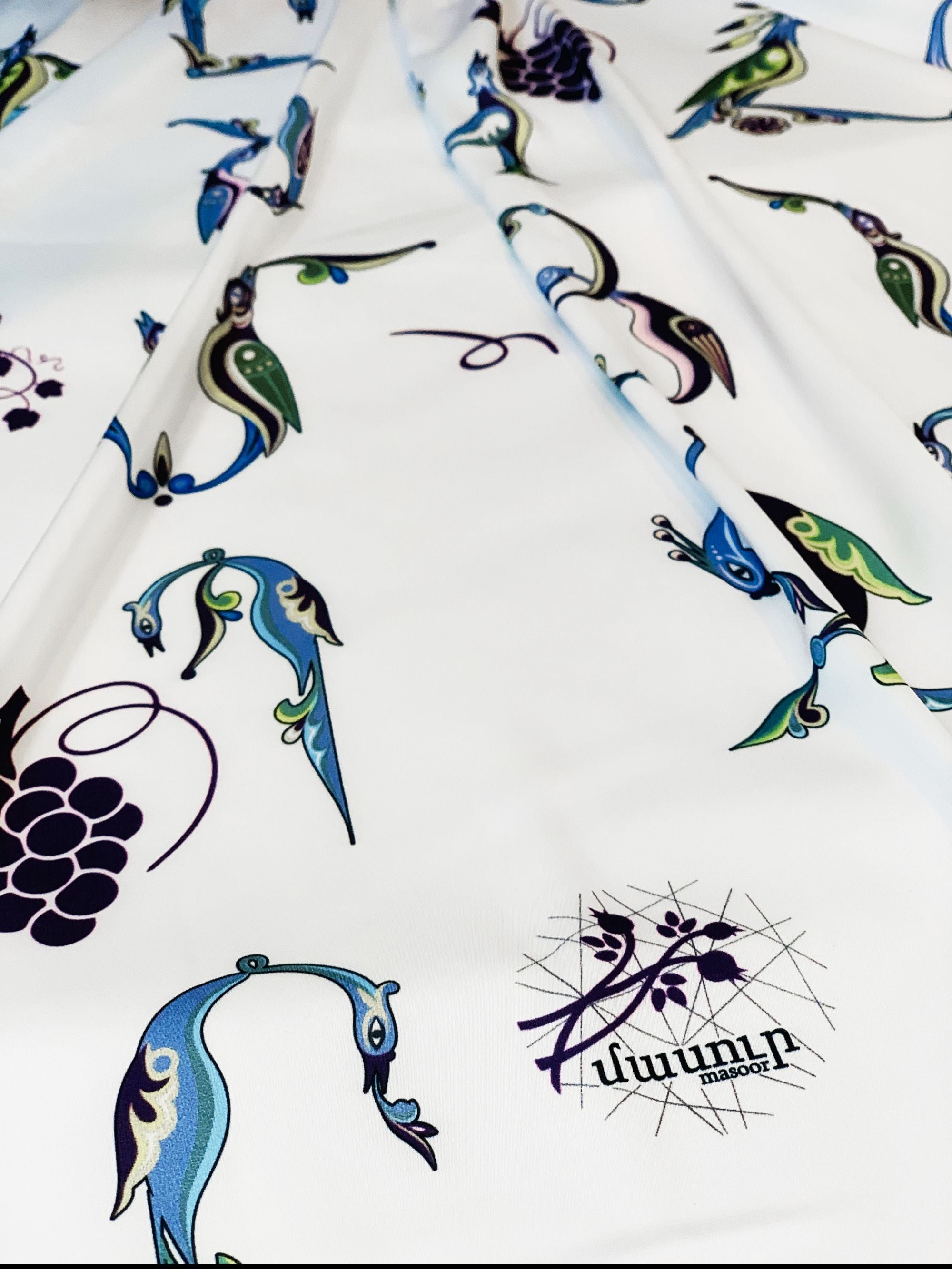 Masoor Armenian Letters and Grapes Scarf - White/Navy