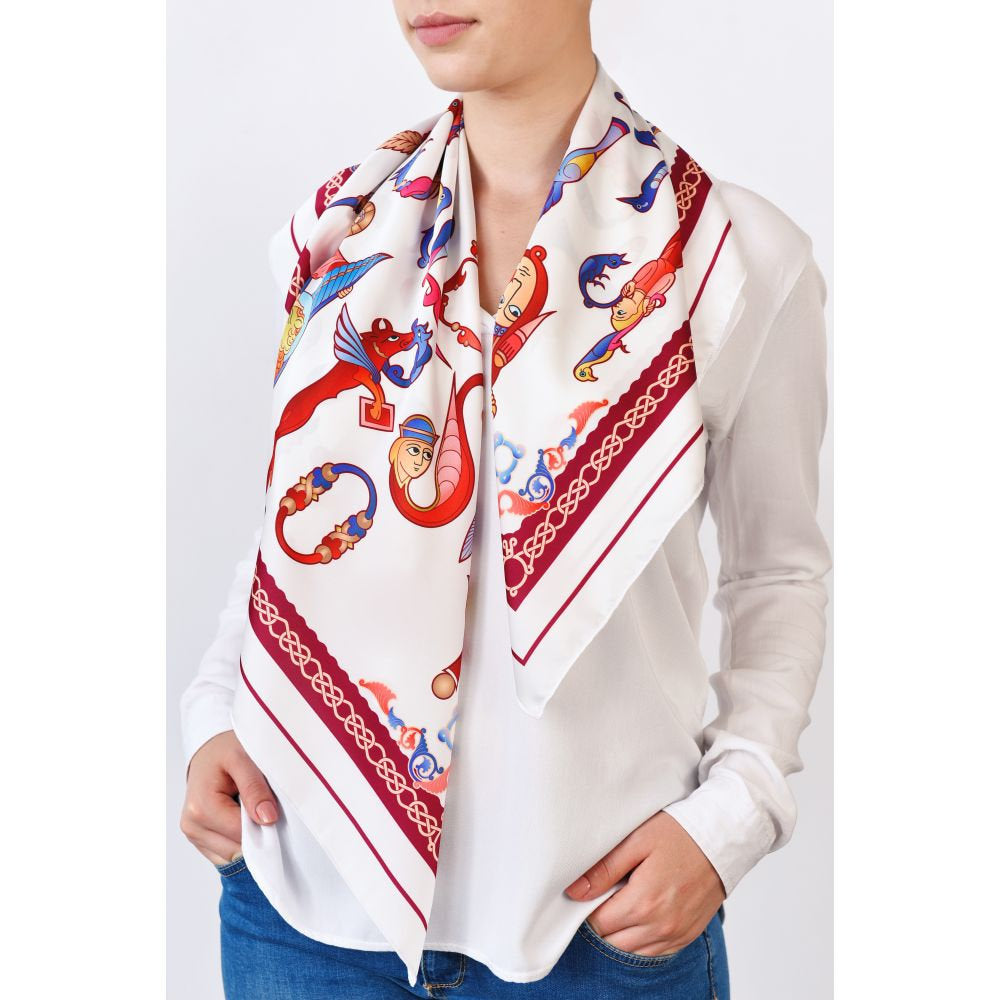 Moreni Scarf with Armenian Alphabet - AYB Collection (White/Wine)