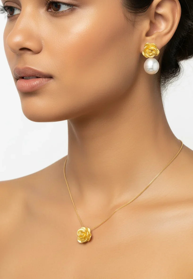 Golden Rose Pearl Drop Earrings