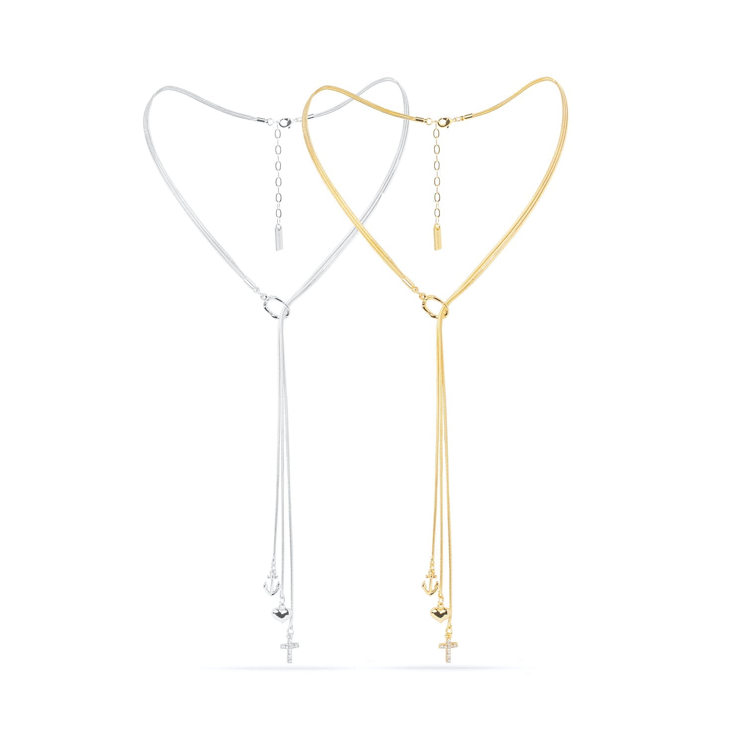 Trinity Necklace -Three Chains with Cross, Heart, and Anchor Charms