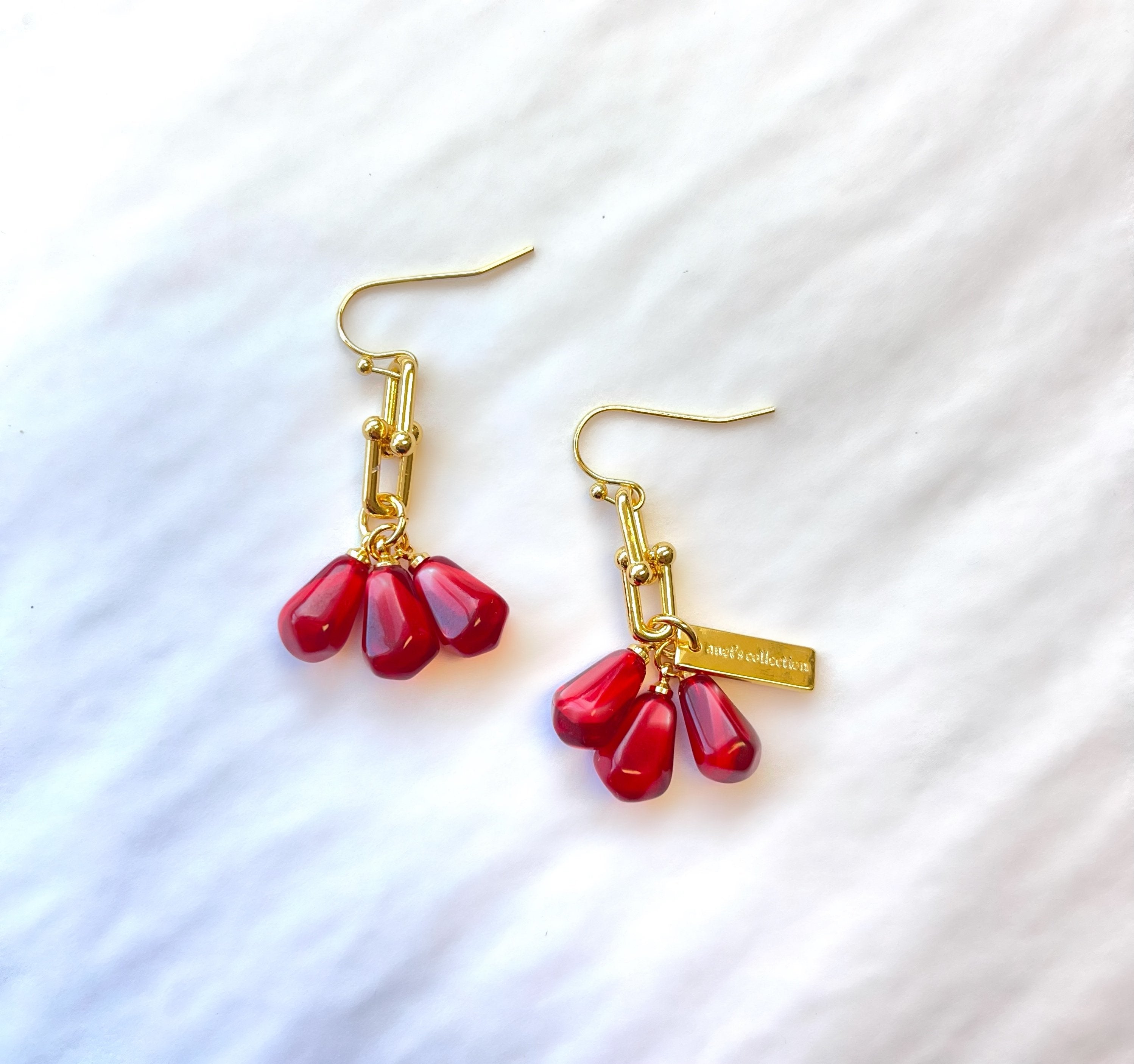 Pomegranate Seeds Earrings in Gold and Red