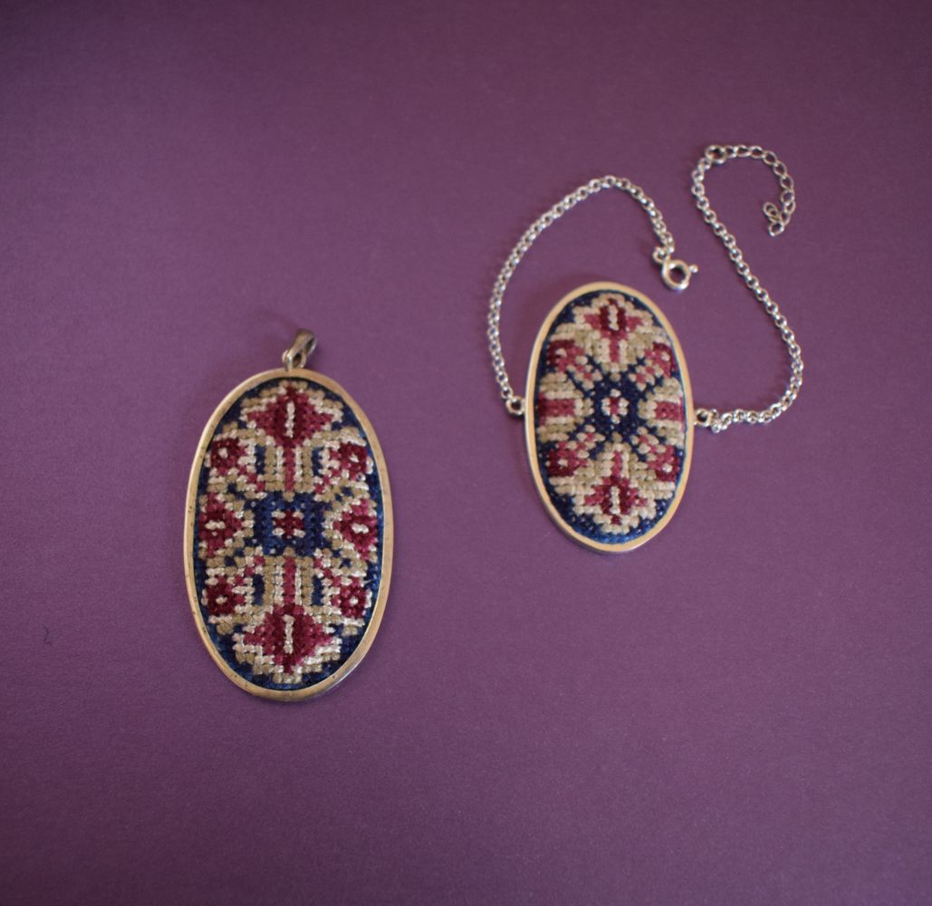 Embroidered Silver Pendant & Bracelet with Armenian Ornaments