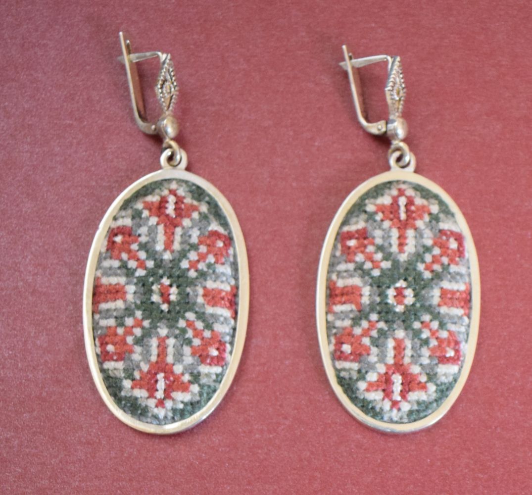 Embroidered Silver Earrings with Armenian Ornaments