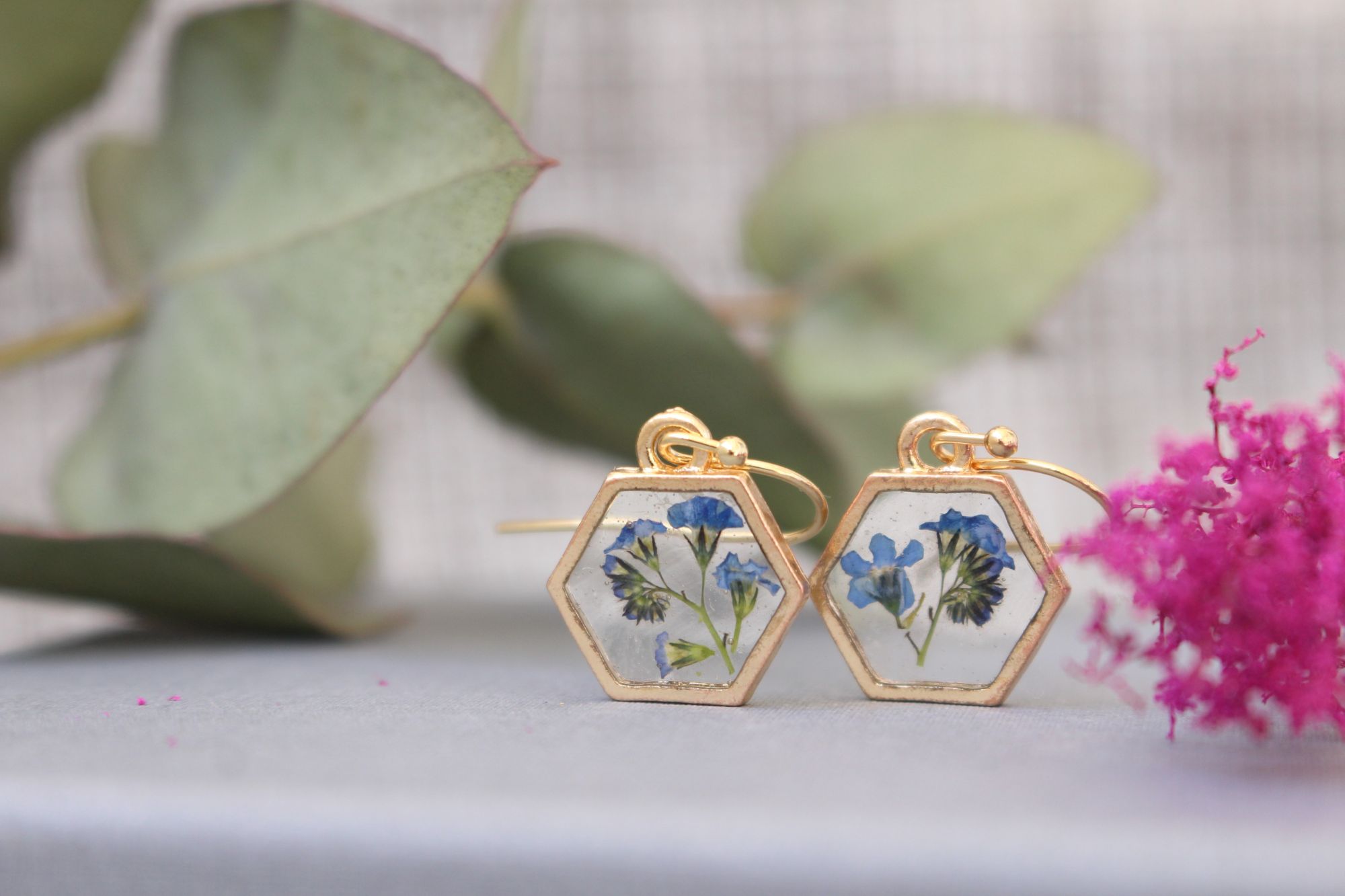 Fancy Forget-Me-Not Pressed Flower Gold Plated Earrings