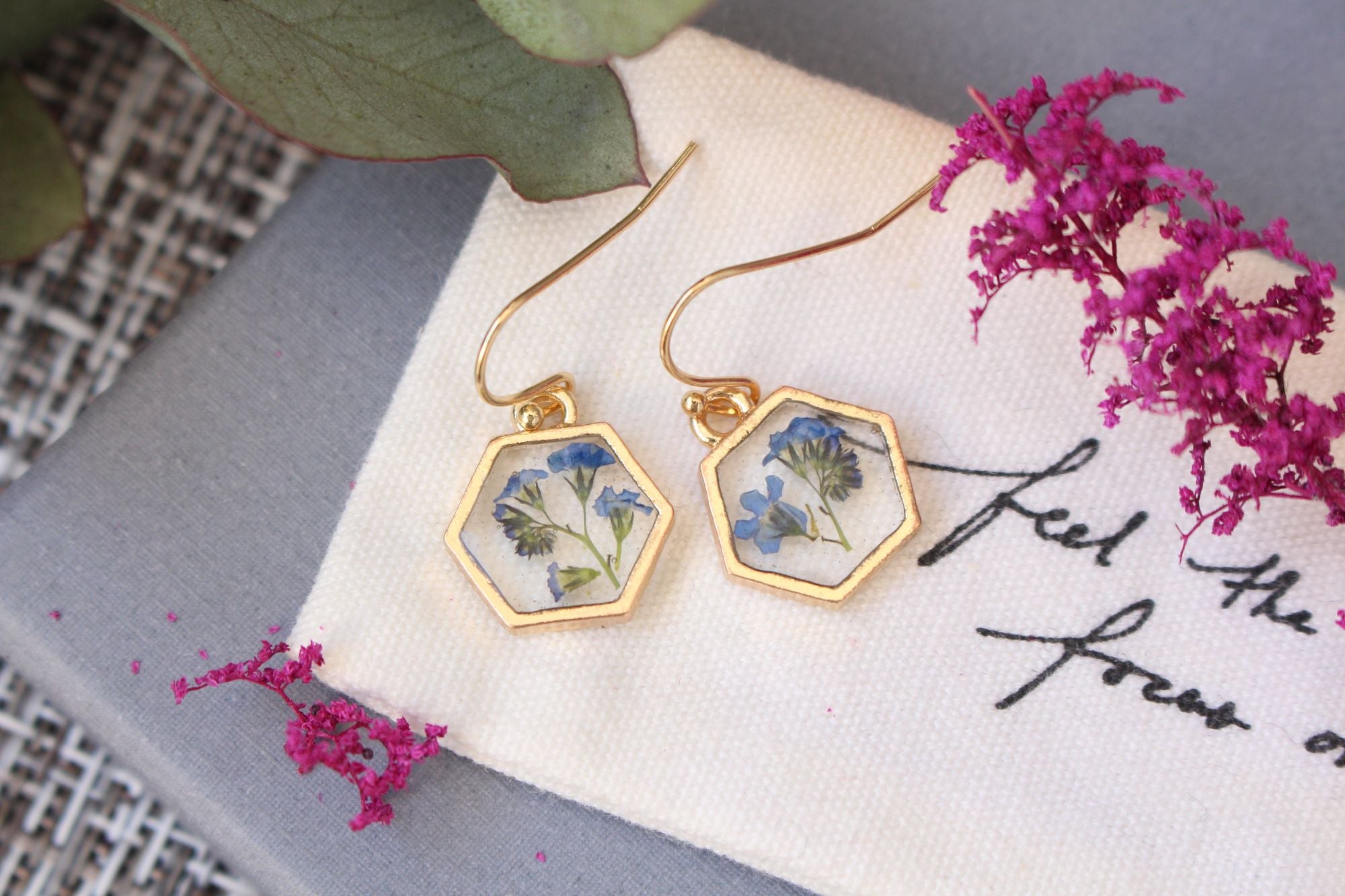 Fancy Forget-Me-Not Pressed Flower Gold Plated Earrings