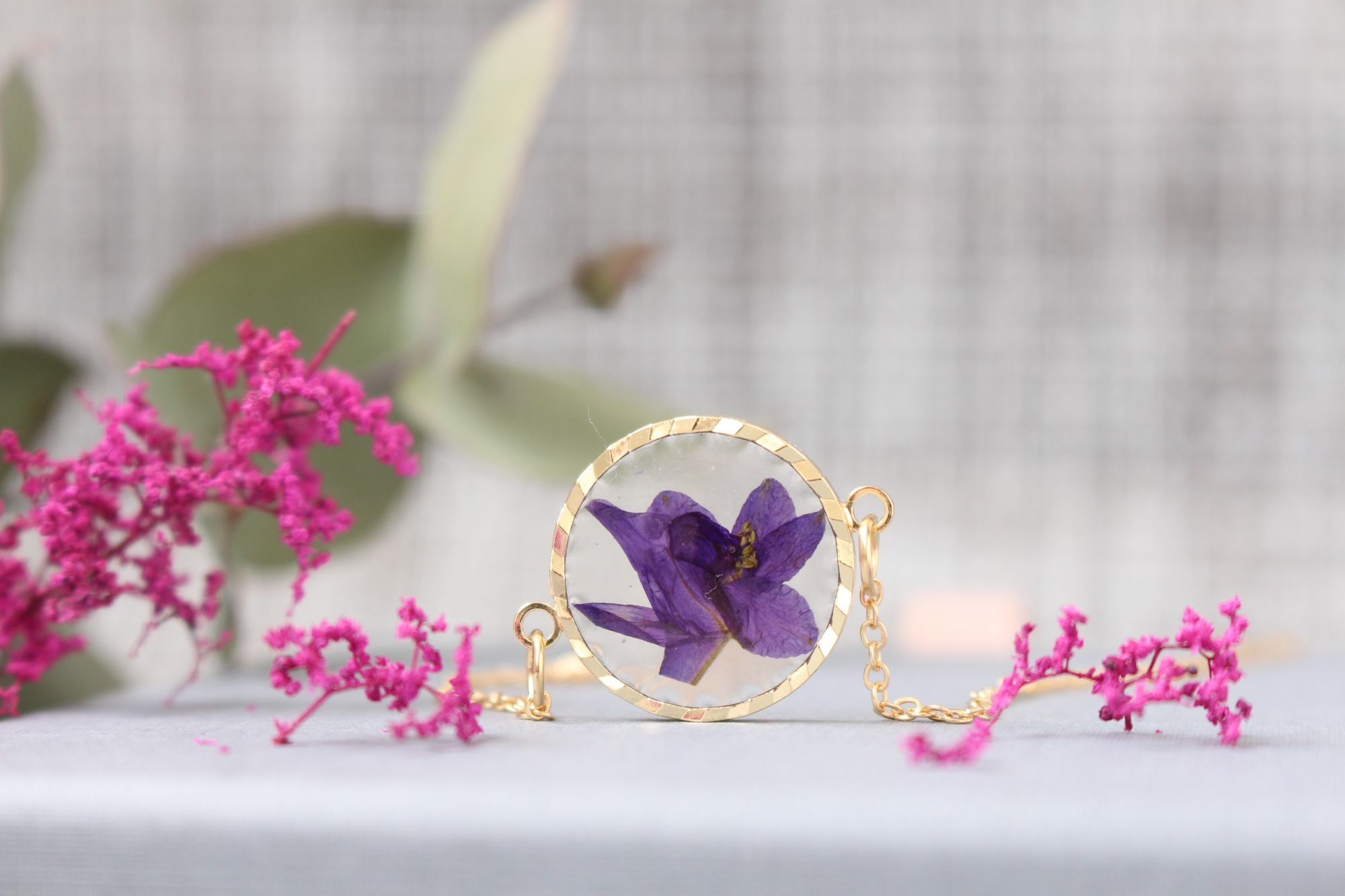Fancy Violet Pressed Flower Gold Plated Necklace