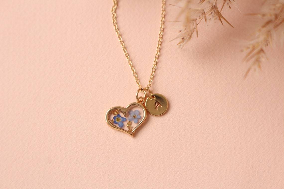 Fancy Pressed Flower Heart Necklace with Personalized Charm