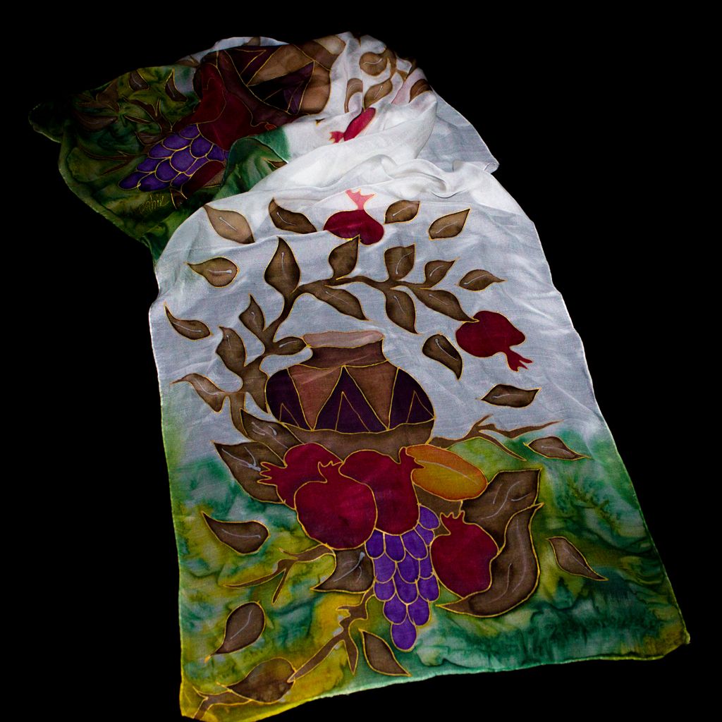 Shoghik Armenian Silk Scarf with Fruits and Pitcher