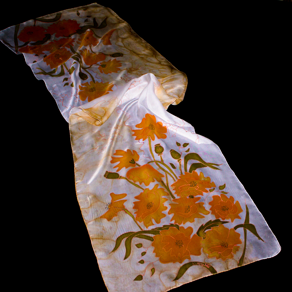 Armenian Handmade Batik Scarf - Orange Flowers