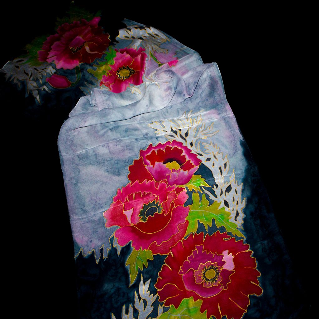 Shoghik Armenian Silk Scarf with Red Flowers
