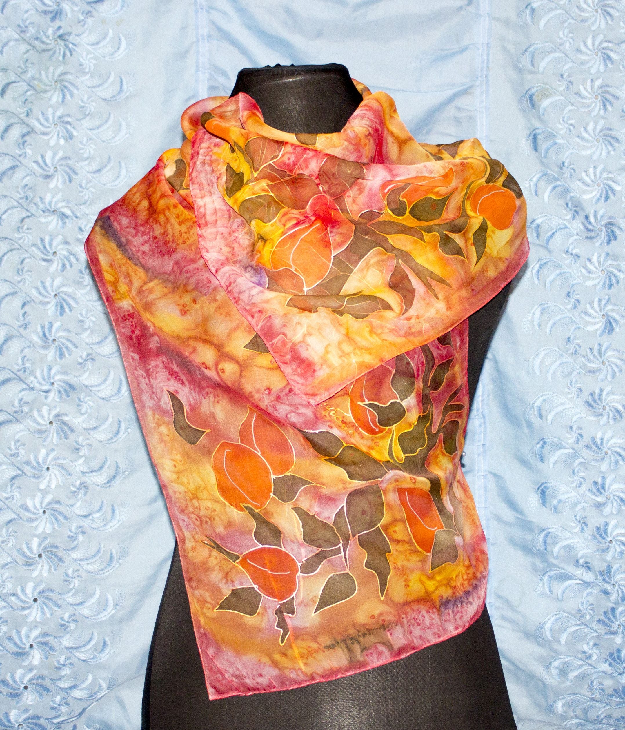 Apricot Silk Scarf - Armenian Handmade Batik