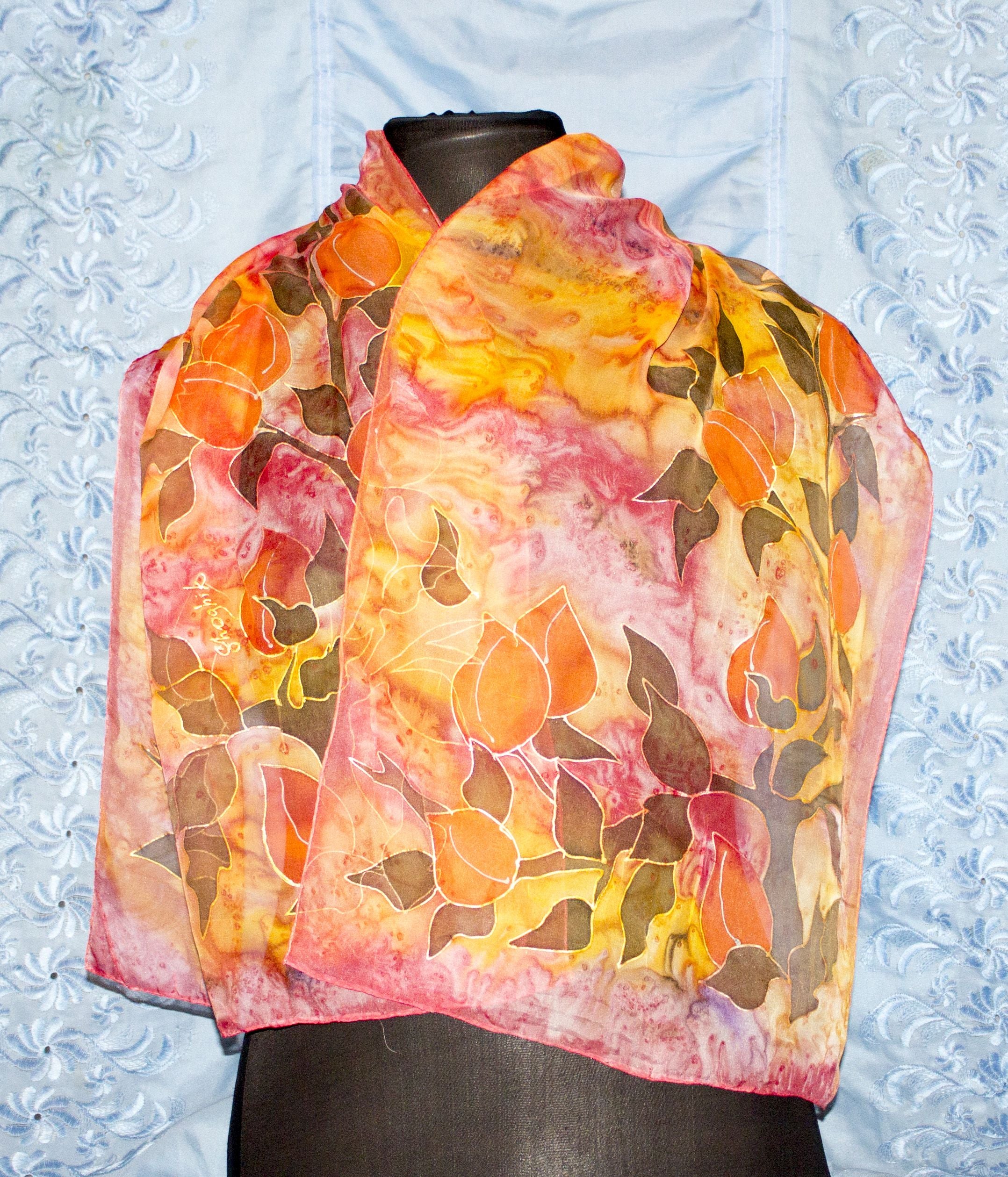 Apricot Silk Scarf - Armenian Handmade Batik
